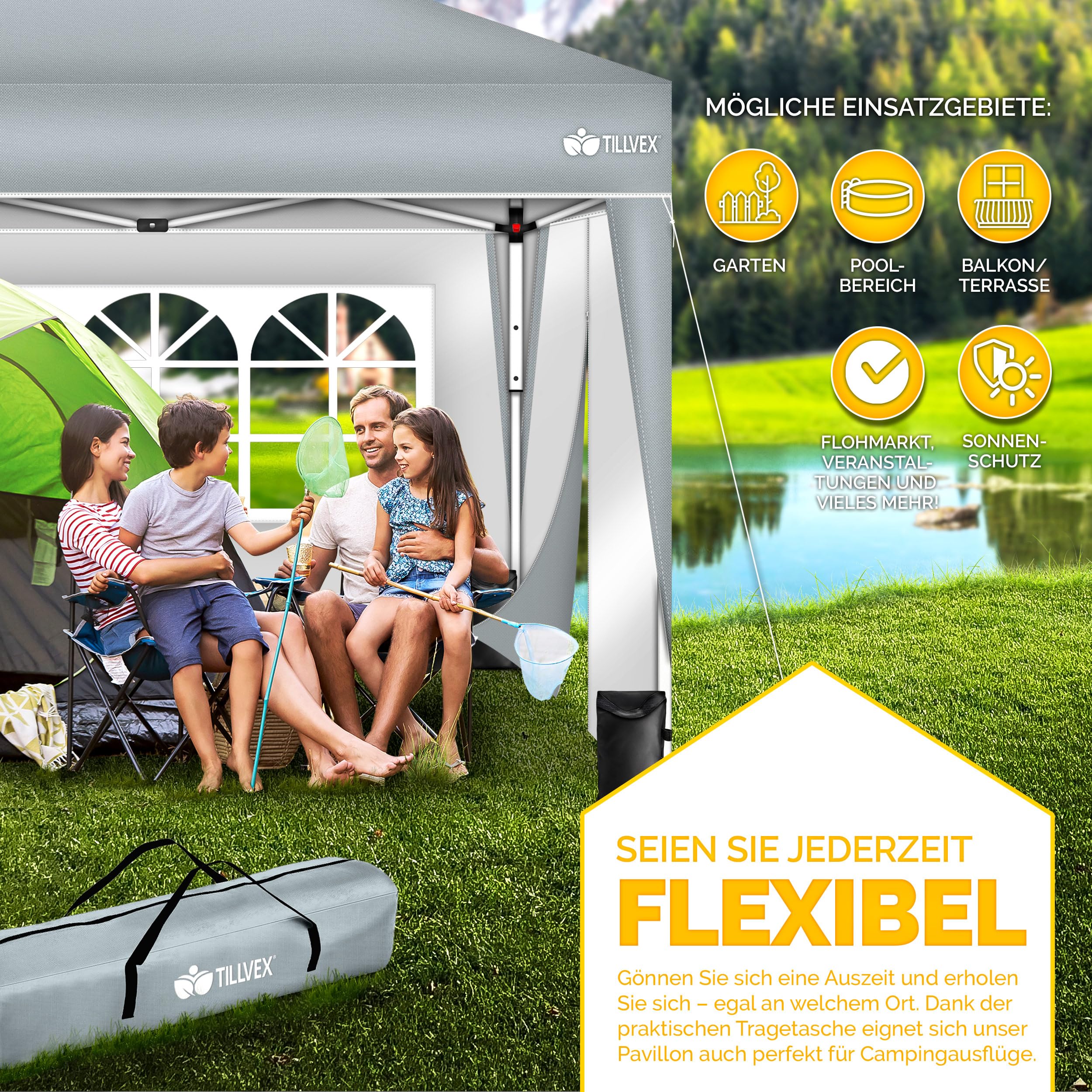 tillvex Gazebo Plegable Cenador 3x3m Impermeable | Pabellon de Jardin Pop-up Regulable en Altura | Carpa de jardín protección UV 50+ | Cenador de Fiesta con Bolsa (Gris - con 2 Paredes)