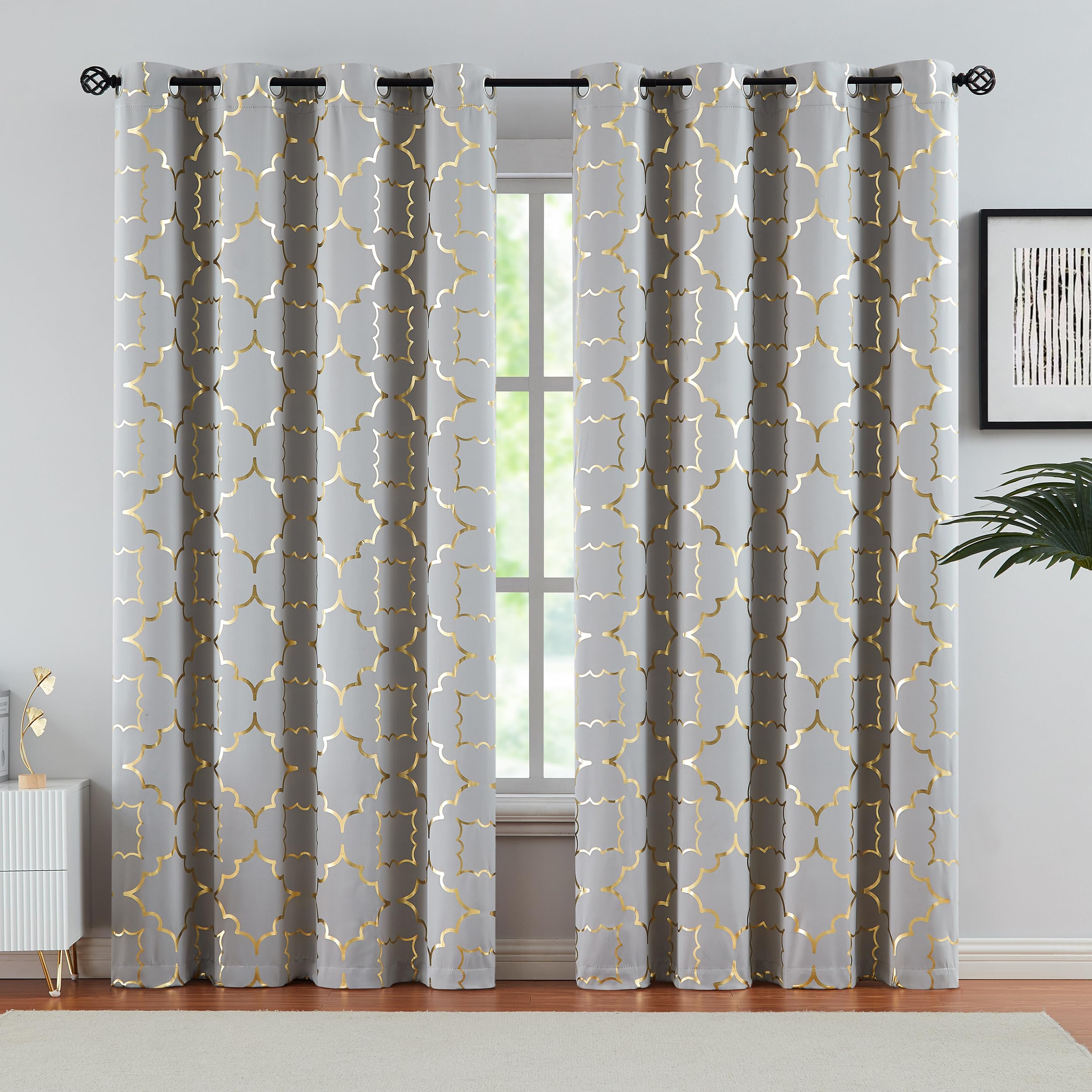 Purainbow Grey Blackout Curtain Panels for Bedroom 84" Gold Foil Moroccan Metallic Print Energy Efficient Drapes for Bedroom Living Room, Thermal
