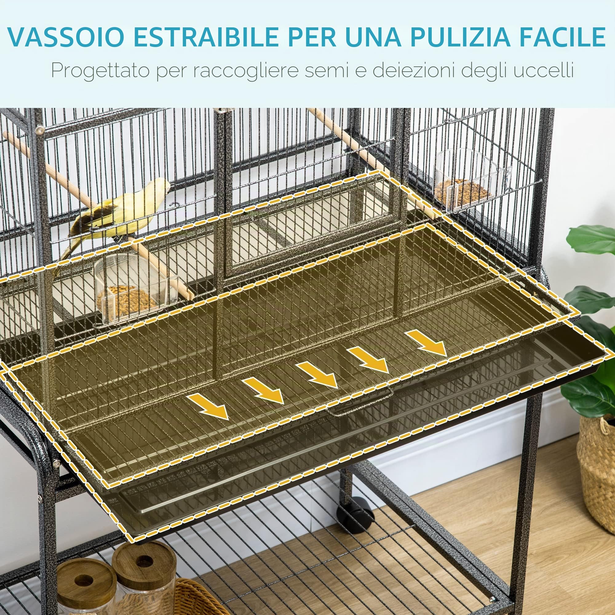 PawHut Gabbia per uccelli, portatile, gabbia per uccelli, con 4 mangiatoie e 4 posatoi pratici, 77 x 47 x 163 cm, colore: nero e grigio