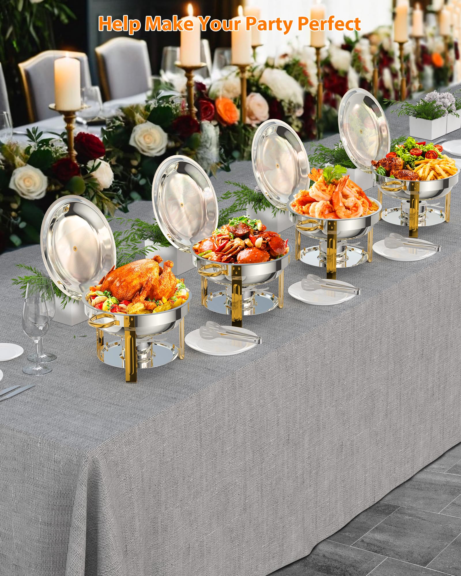 GarveeLife Rund Chafing Dish Buffet Set 5L, Edelstahl Speisenwärmer mit Klarer Deckel, Löffel & Zange, Buffet Warmhaltebehälter für Catering Buffet und Part