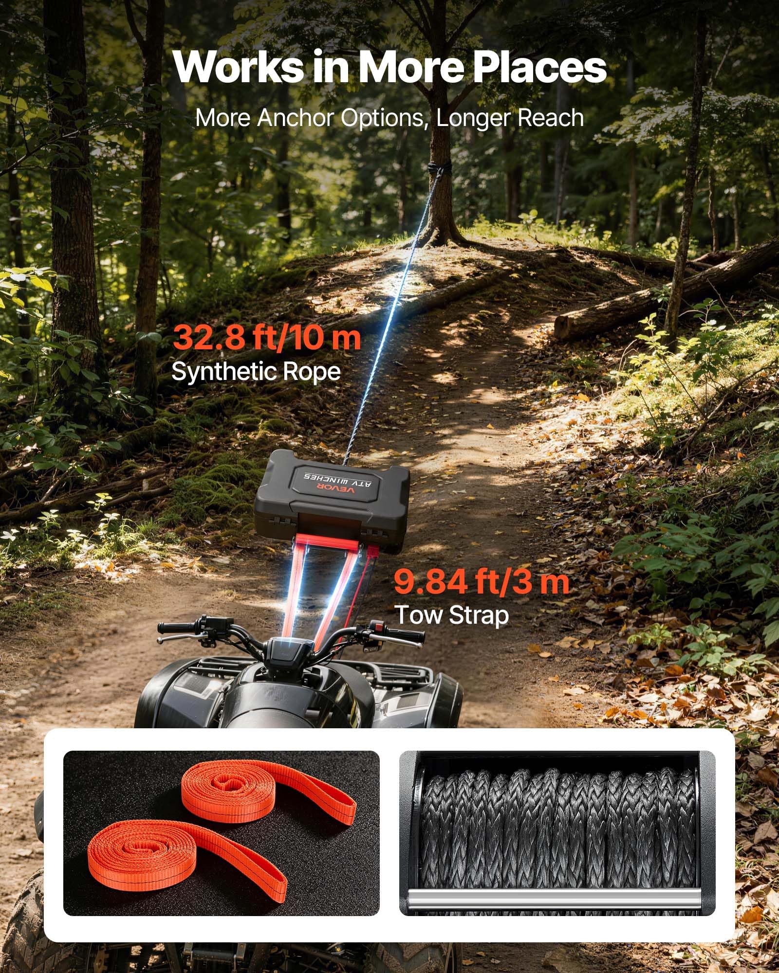 VEVOR Elektrische Seilwinde 12V, Mobile Seilwinde mit 2041kg Tragkraft & Fernbedienung, Tragbare Motorwinde mit Synthetikseil Seilführung Schäkelhaken Gurt Tragkiste, Elektrowinde für ATV UTV Offroad