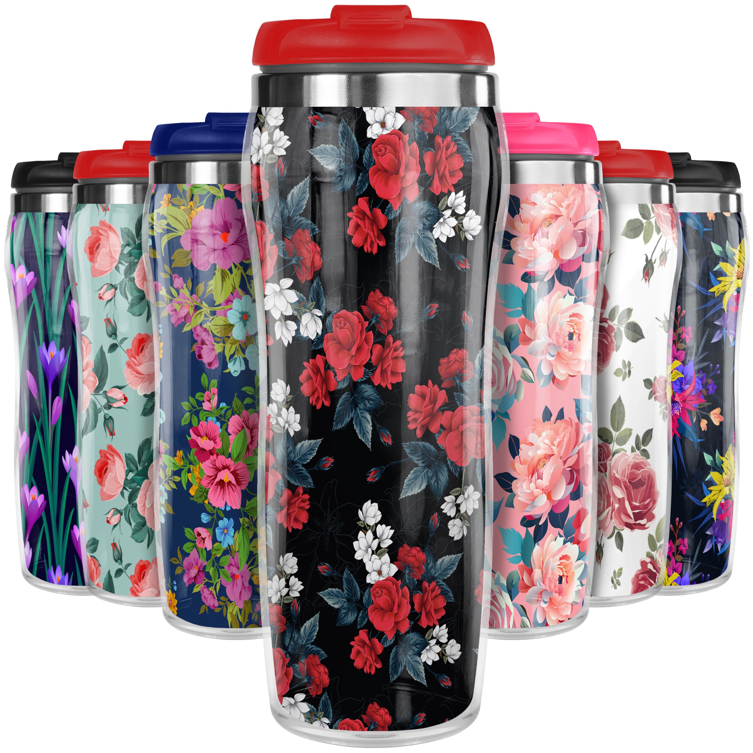 Pixly® Red Roses Thermal Travel Mug Coffee Tea Flask, 400ml/14oz Capacity, Flower, Floral Pattern - Wild Roses