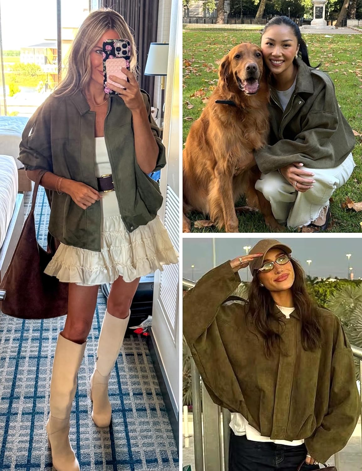 Women's Oversized Faux Suede Bomber Jackets Batwing Sleeves Pleated Zipper Casual Coats Streetwear - Image 5