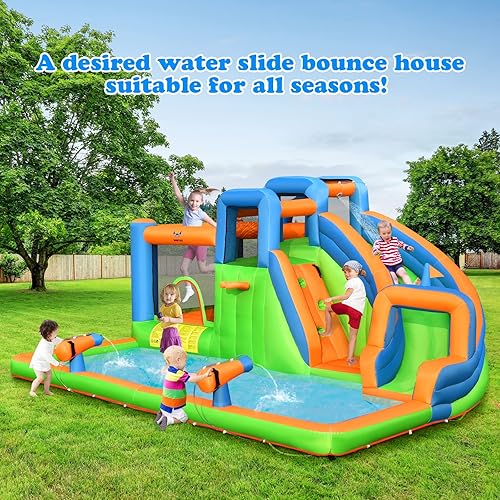 Vista 27 de BOUNTECH Castillo inflable para tobogán acuático, castillo de salto de parque acuático 6 en 1 para niños con 2 piscinas de salpicaduras, anillo