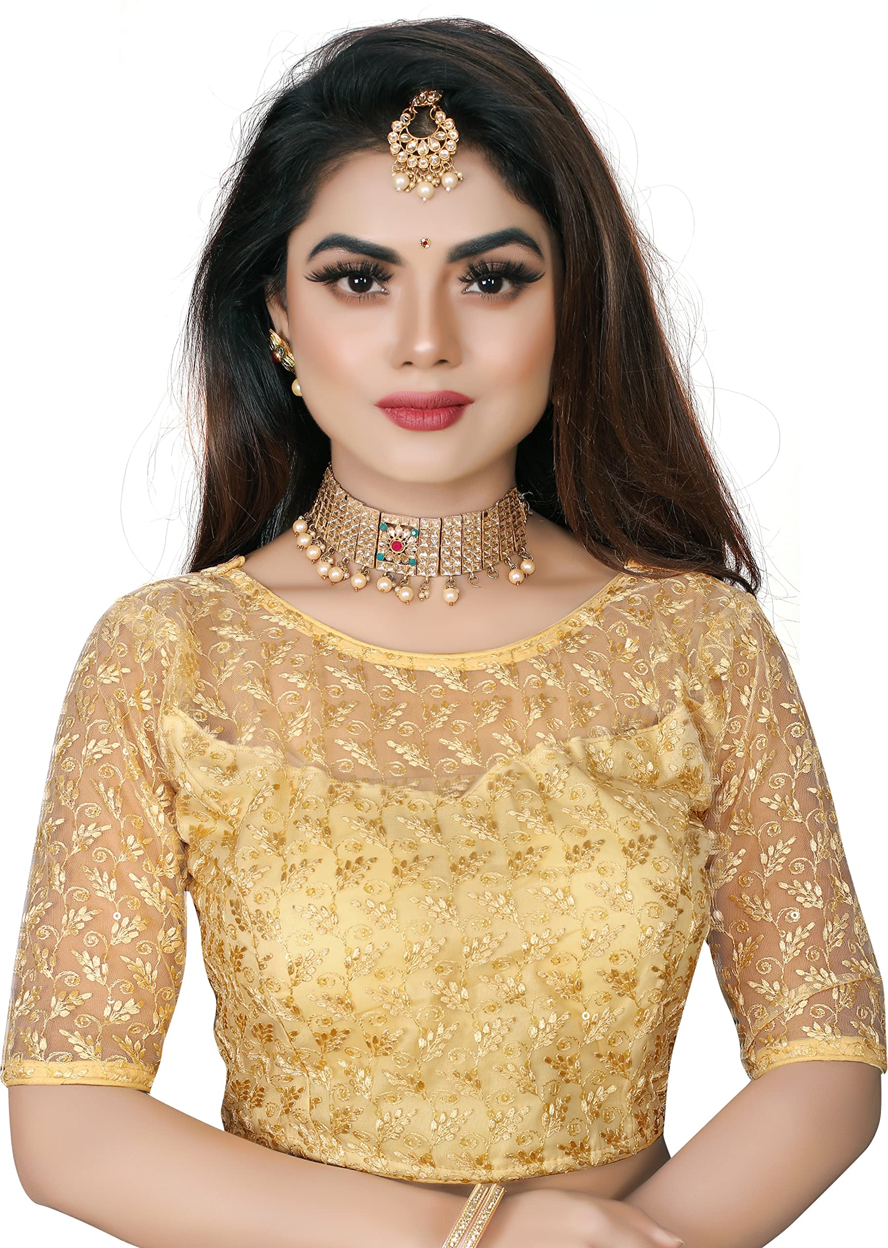 Readymade Women's Net Embroidery Work with Sequence Blouse, Short Sleeve Blouse-image-28