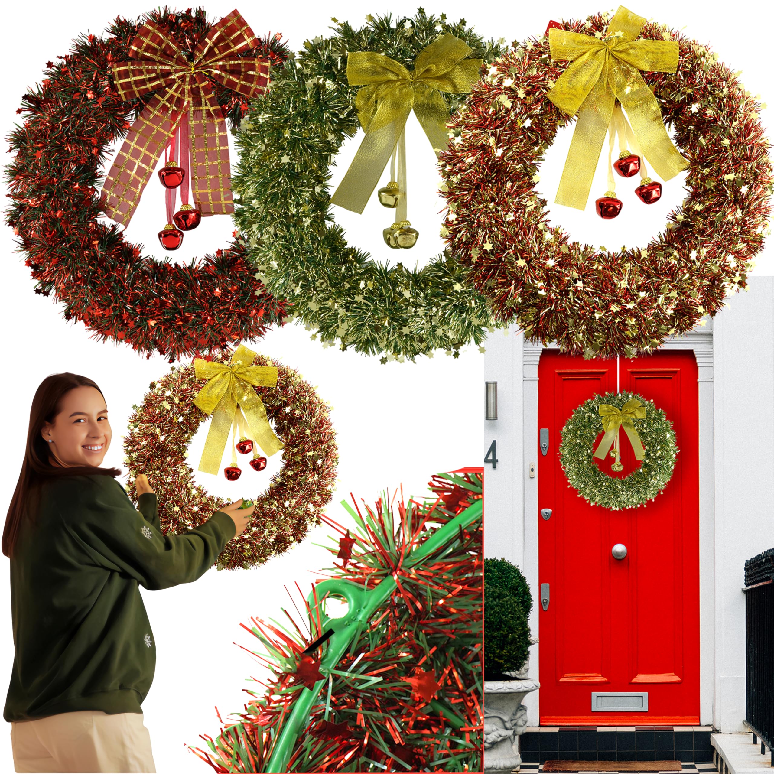 3PCs Christmas Wreath Decorations 40cm - Green, Gold, Red Large Wreaths Decor, Front Door Hanging Wreaths, Artificial Wreath Indoor for Door Bell Window Wall
