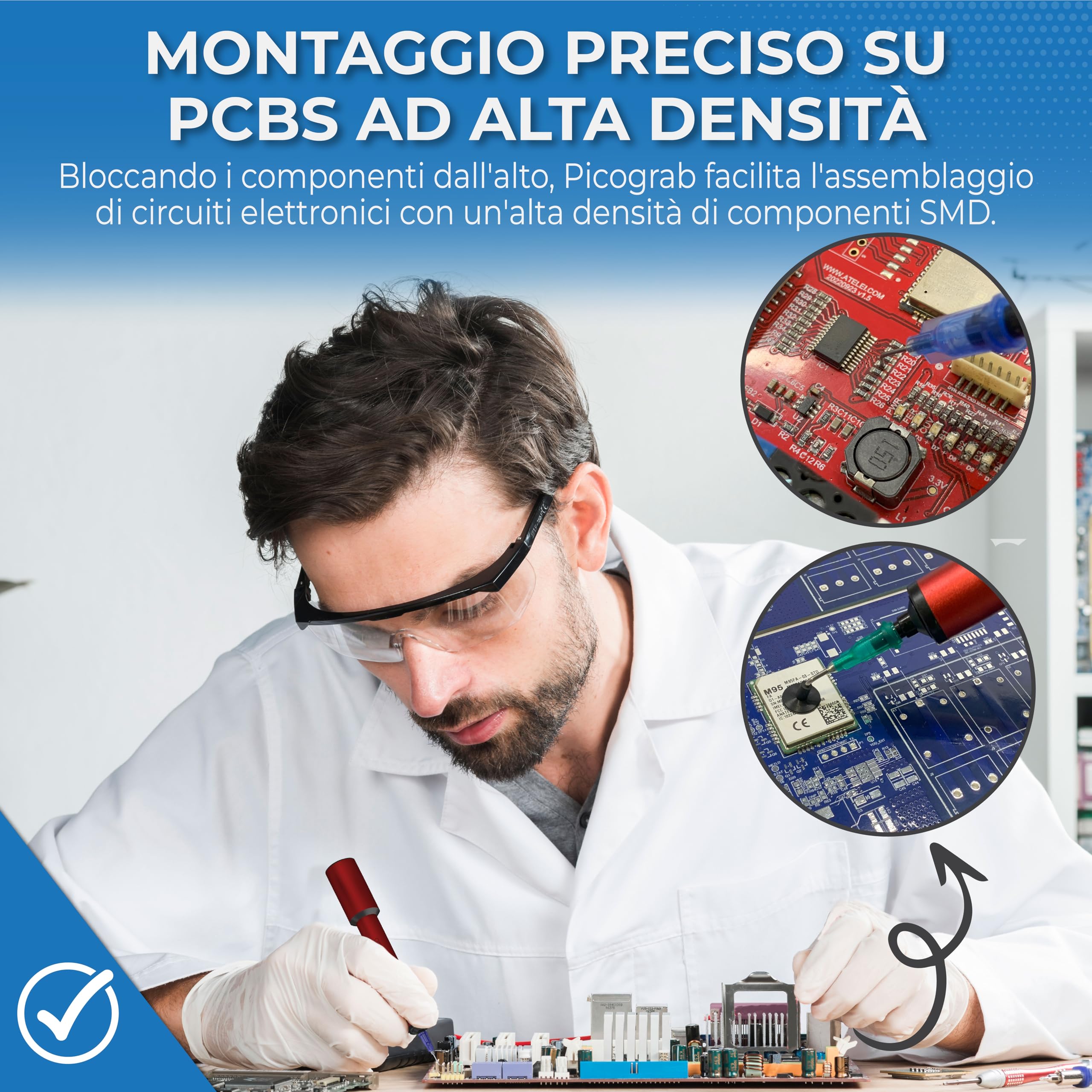 Penna a vuoto ESD ricaricabile per il posizionamento di componenti IC e la riparazione SMD, con 3 ventose, 6 ugelli intercambiabili, corpo in alluminio, porta USB-C e fino a 10 ore di batteria.