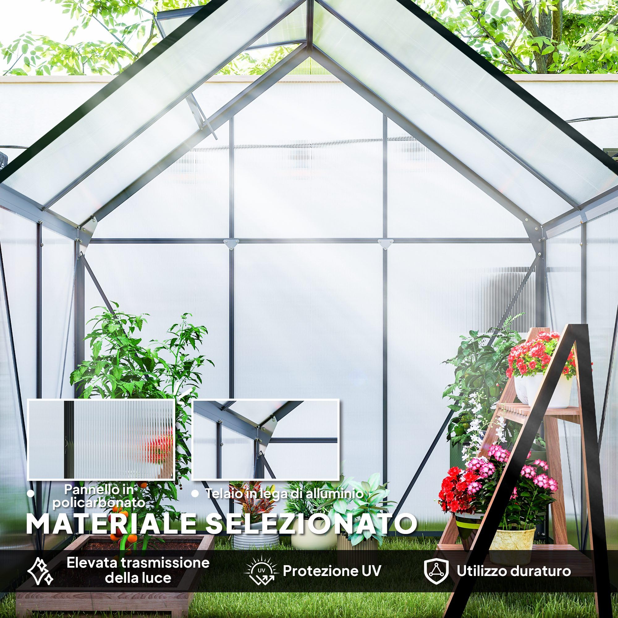 Outsunny Serre de jardin en polycarbonate avec cadre en alliage d'aluminium 2.5㎡, serre pour jardin avec fondation, gouttières, fenêtre de toit réglable, porte battante, pour plantes, anti-UV, gris