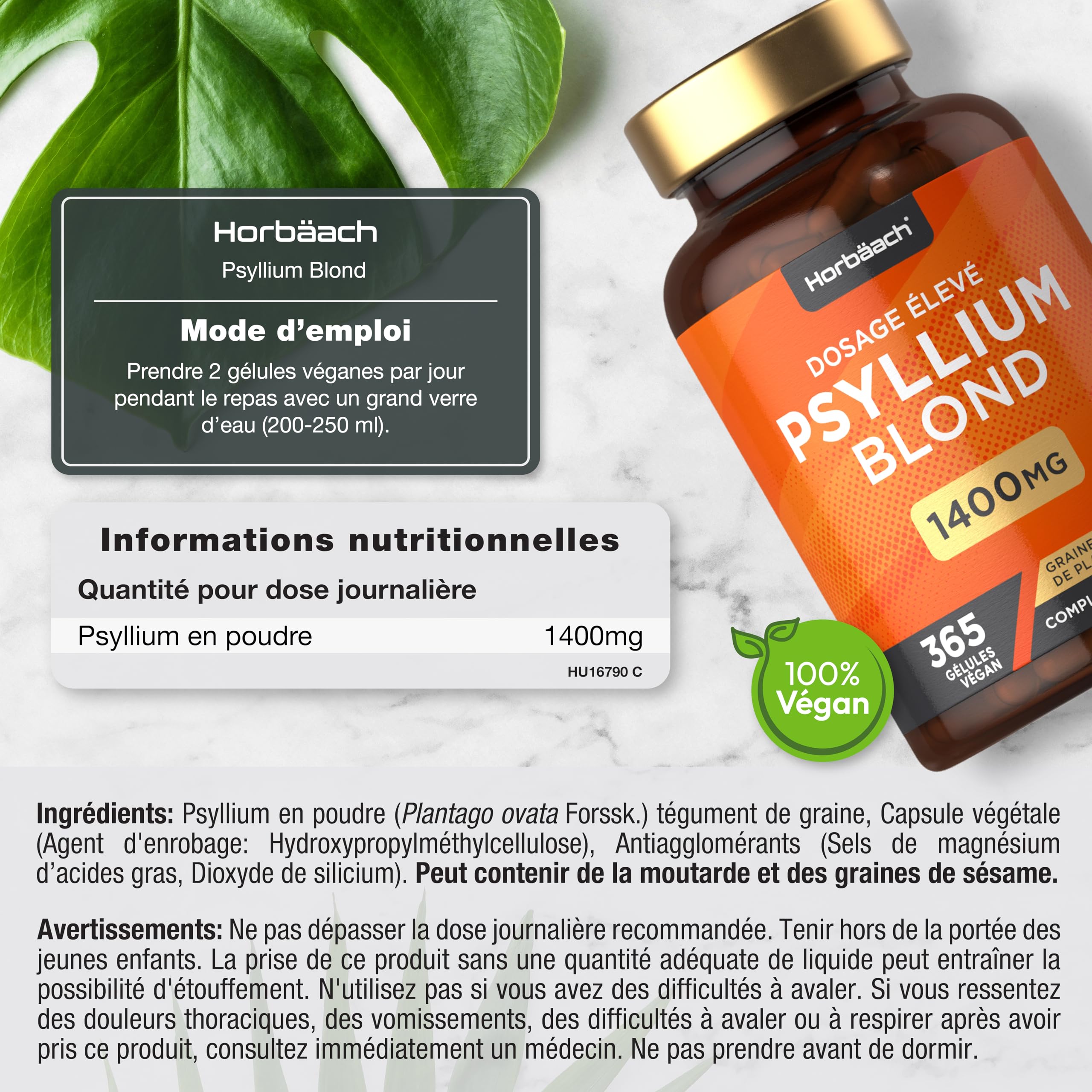 Psyllium Blond Gelules 1400 mg | 365 Psyllium Gelules Vegan | 6 Mois | Fibre de Psyllium Husk Haute Dosage | Prébiotique naturel | Horbaach