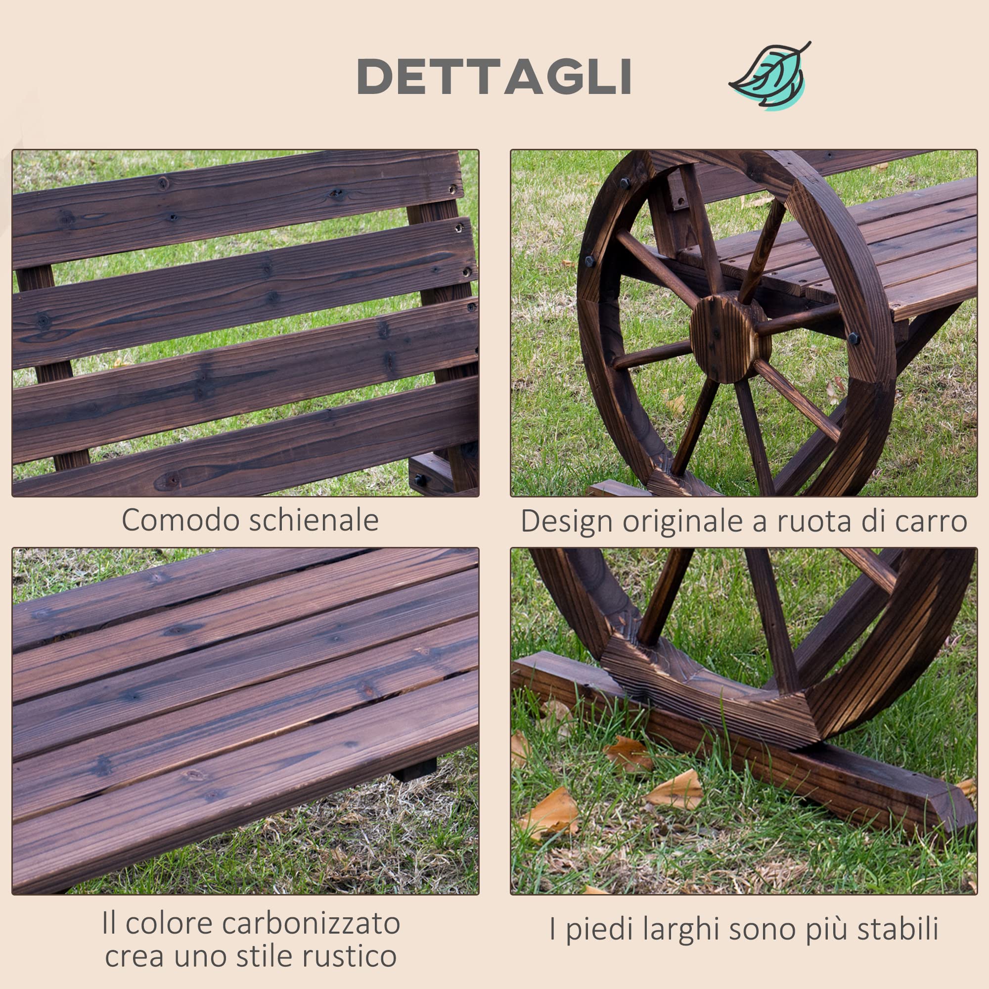 Outsunny Panchina da Giardino da 2 Posti con Braccioli a Ruota, Panchina da Esterno a Doghe in Legno di Abete, Stile Country, Panca per Terrazza Patio e Cortile, 105.5x59x75 cm, Marrone