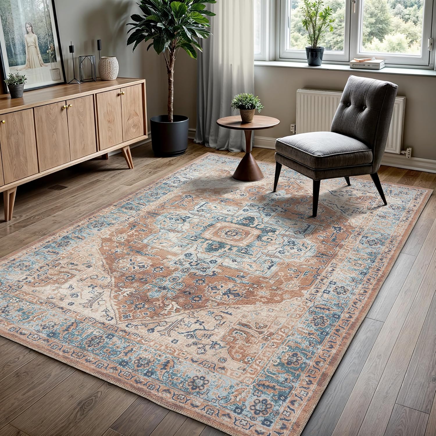 GLN Rugs Vintage Collection - Machine Washable Area Rug, Vintage Washable, Non Slip, Low Pile Rug, Living Room, Bedroom, Bathroom Rug - Easy Clean (2'x3' Sky/Terra)