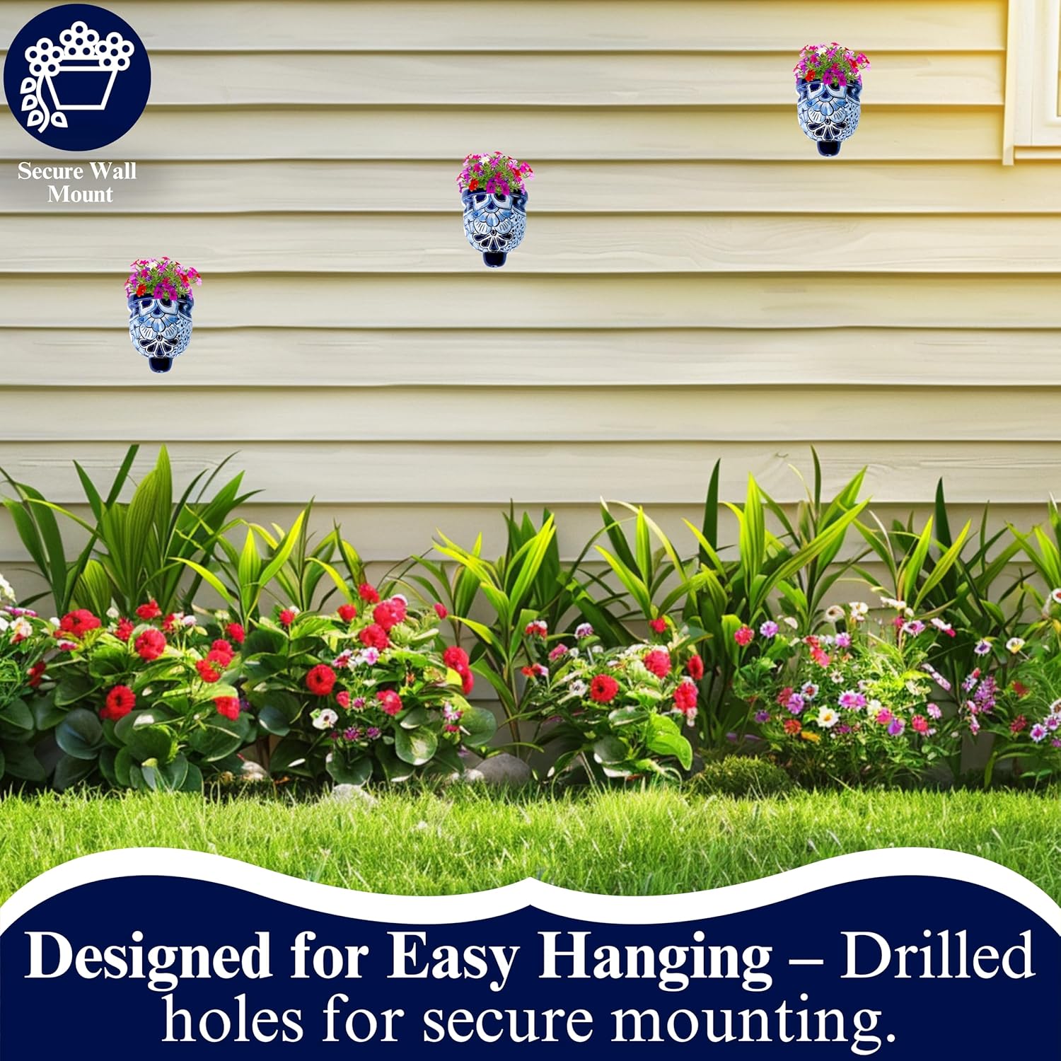 Mexican Pottery Planters - Wall Talavera Planter - Mexican Yard Pottery - Talavera Pots for Plants Indoor & Outdoor – 5" W x 5.5" H (White & Blue-Small)