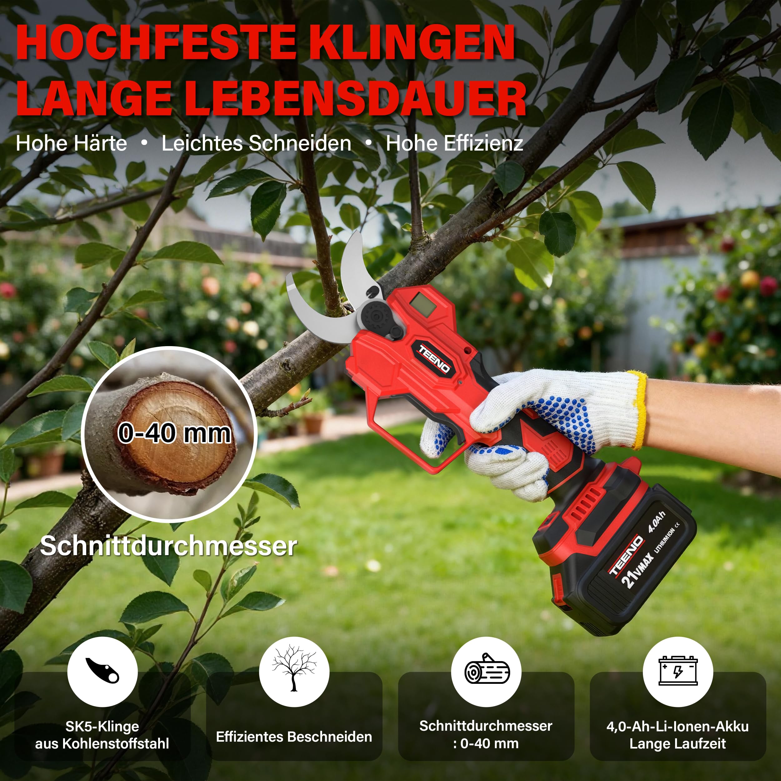TEENO 2-in-1-Gartenwerkzeug-Set: Mini-Kettensäge mit Akku 6 Zoll + elektrische Gartenschere, kabellos, 0 – 40 mm, 2 x 4,0 Ah Batterien, Klingen aus SK5-Stahl für Schneiden von Stämmen und Ästen