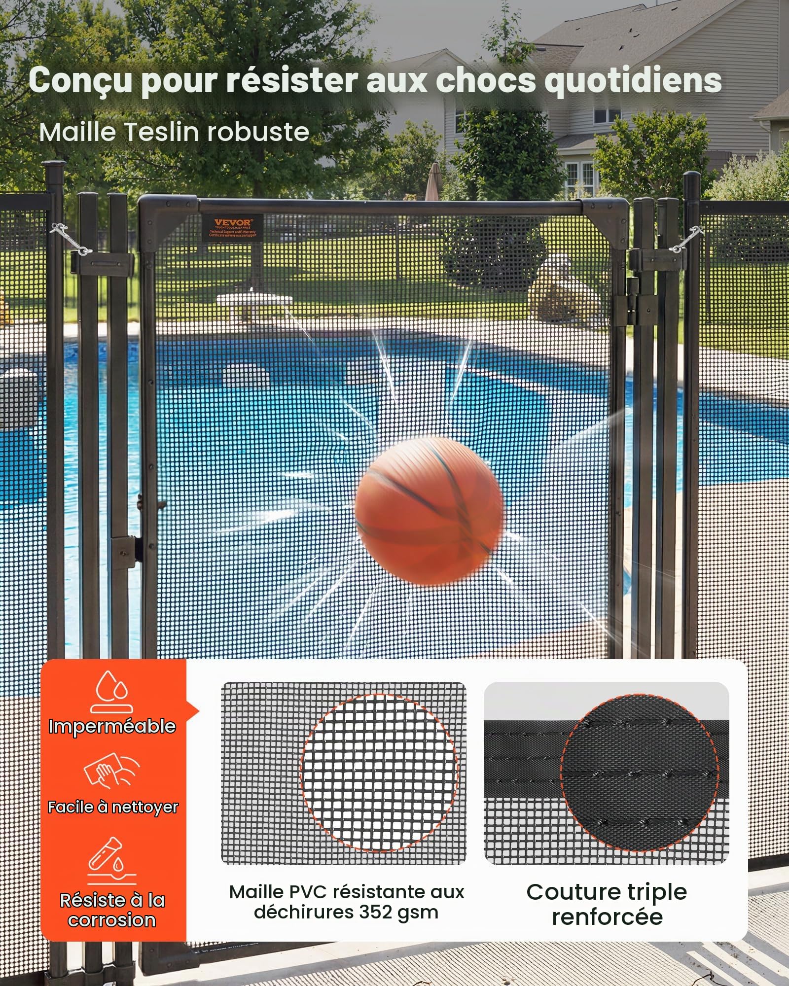 VEVOR Portillon de Barrière Piscine 1,2x0,75 m, Portillon de Sécurité pour Piscine Enterrée et Clôture Extérieure, Kit avec Loquet Métallique et Butée, Maille Teslin PVC 352 g/m², Tube Carré, Noir