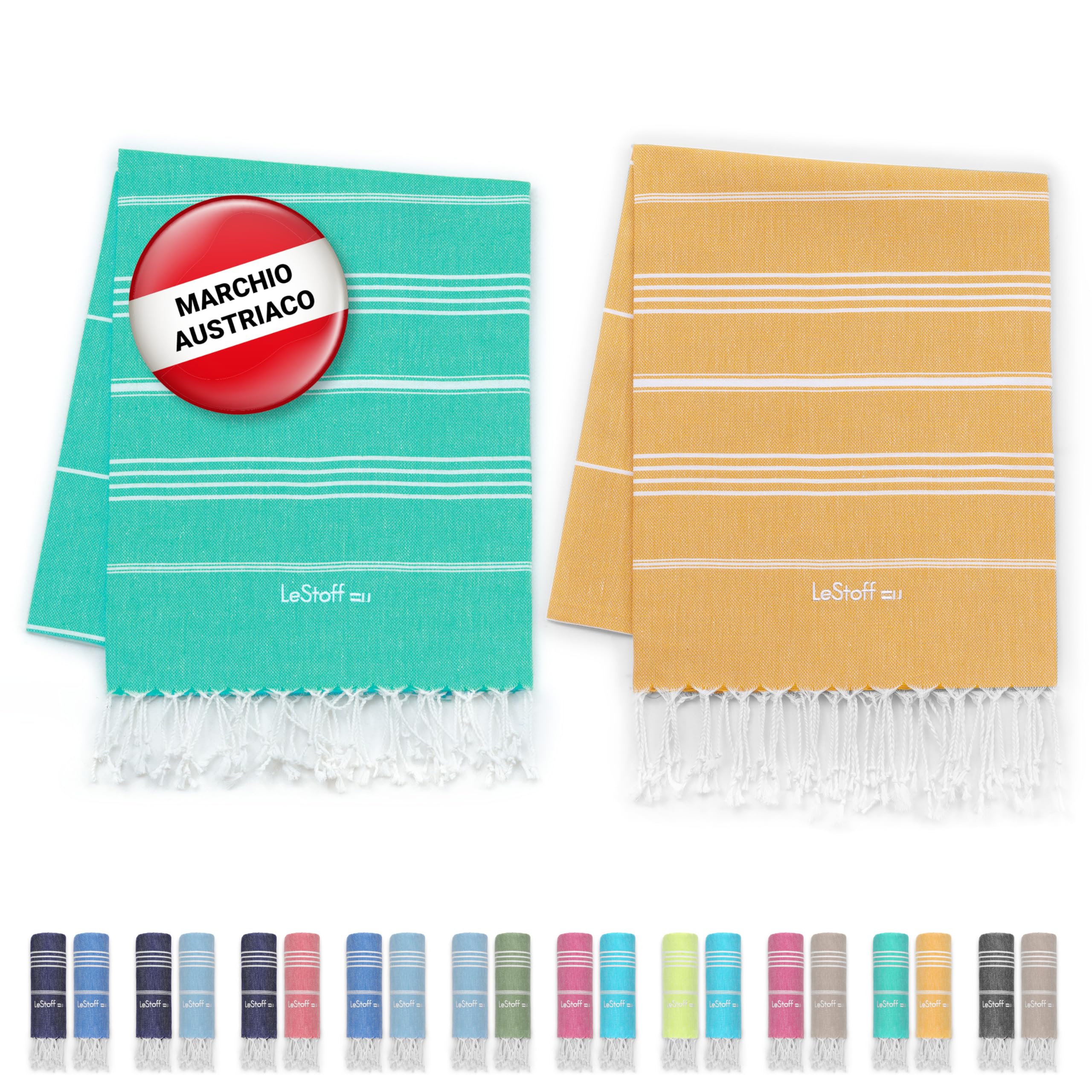 LeStoff Telo mare (Set di 2) - 100% Cotone bio, 95 x 180 cm, Prelavato, Assorbente, Asciugatura Rapida, Leggero, Fouta, Telo Spiaggia, Telo Bagno, Telo Sauna, Asciugamano Sportivo (Turquoise - Yellow)