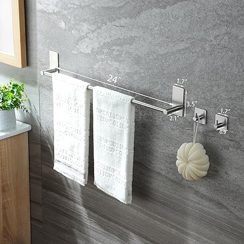 Miniatura 3 de Taozun Toallero - Toallero de 24 pulgadas con 2 paquetes de ganchos adhesivos, toallero de mano para pegar en la pared, kit de accesorios de baño de