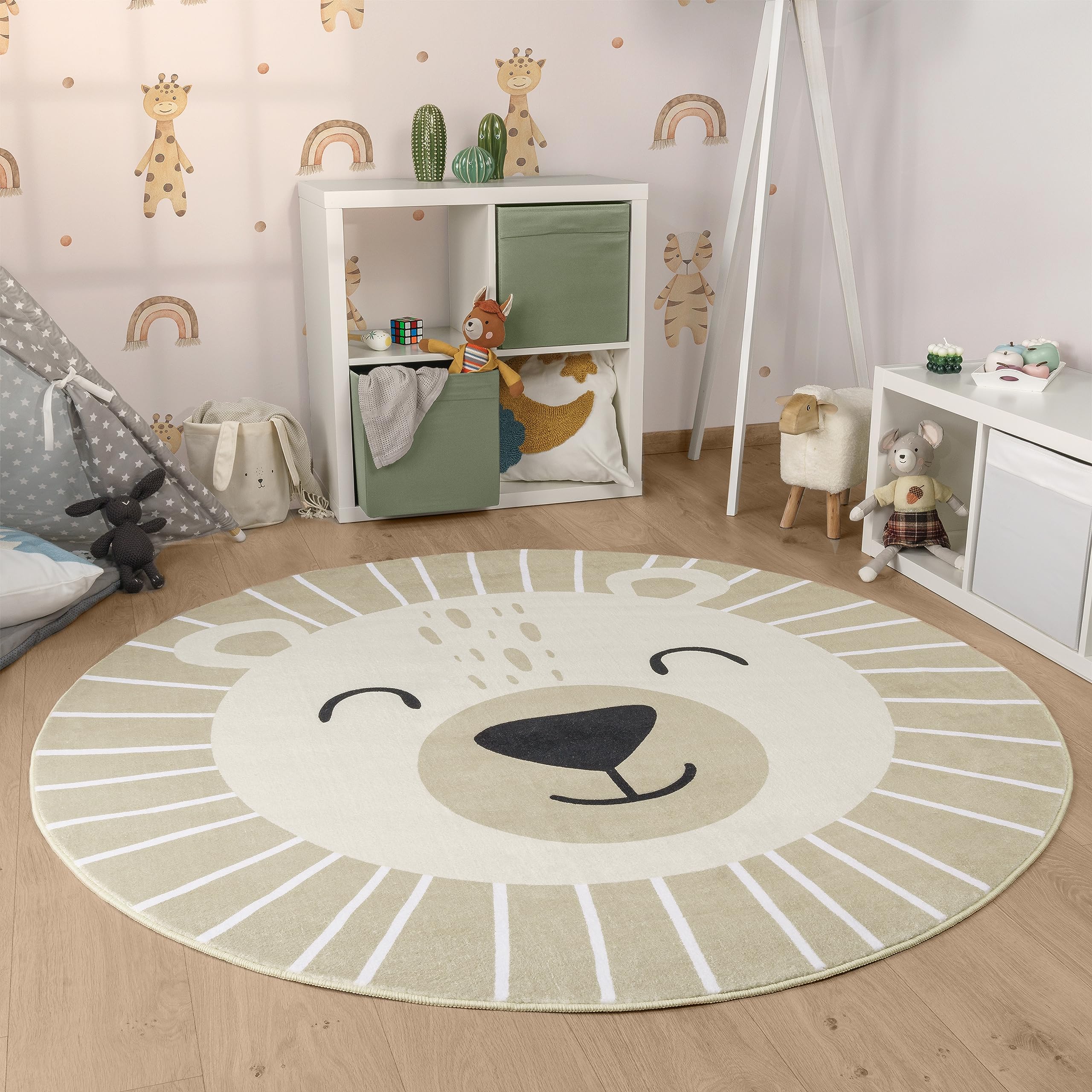 Paco Home Alfombra De Habitacion Bebe Infantil Niña Niño De Juego Retonda Cabeza De Oso De León Lavar En La Lavadora Moderna, tamaño:Ø 120 cm Redon, Color:Beige