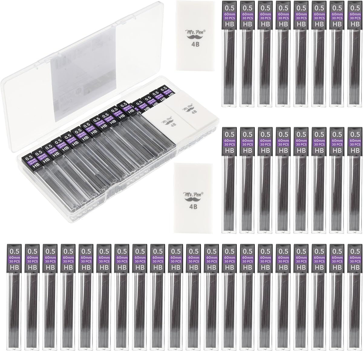 Mr. Pen- Bulk 0.5 mm Lead Refills for Mechanical Pencils, 1080 pcs | (30 per Tube) Includes 2x 4B Erasers, HB Graphite Lead, Standard Mechanical Pencil Refills for Drawing and Sketching
