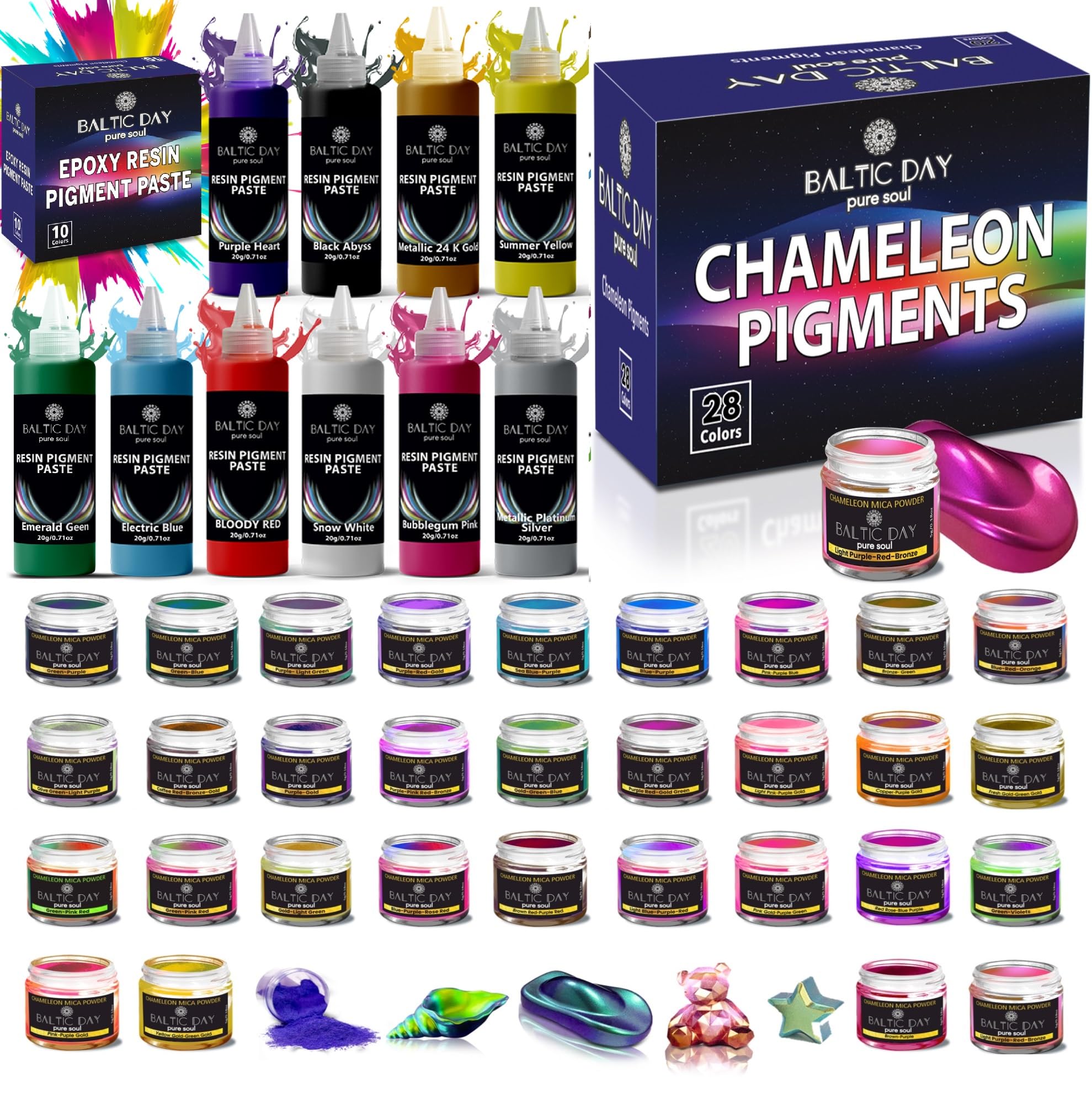 10 Pigment Pastes + 28 Chameleon Mica Powders for Epoxy Resin Set - Epoxy Resin Color Pigment - Chameleon Pigments