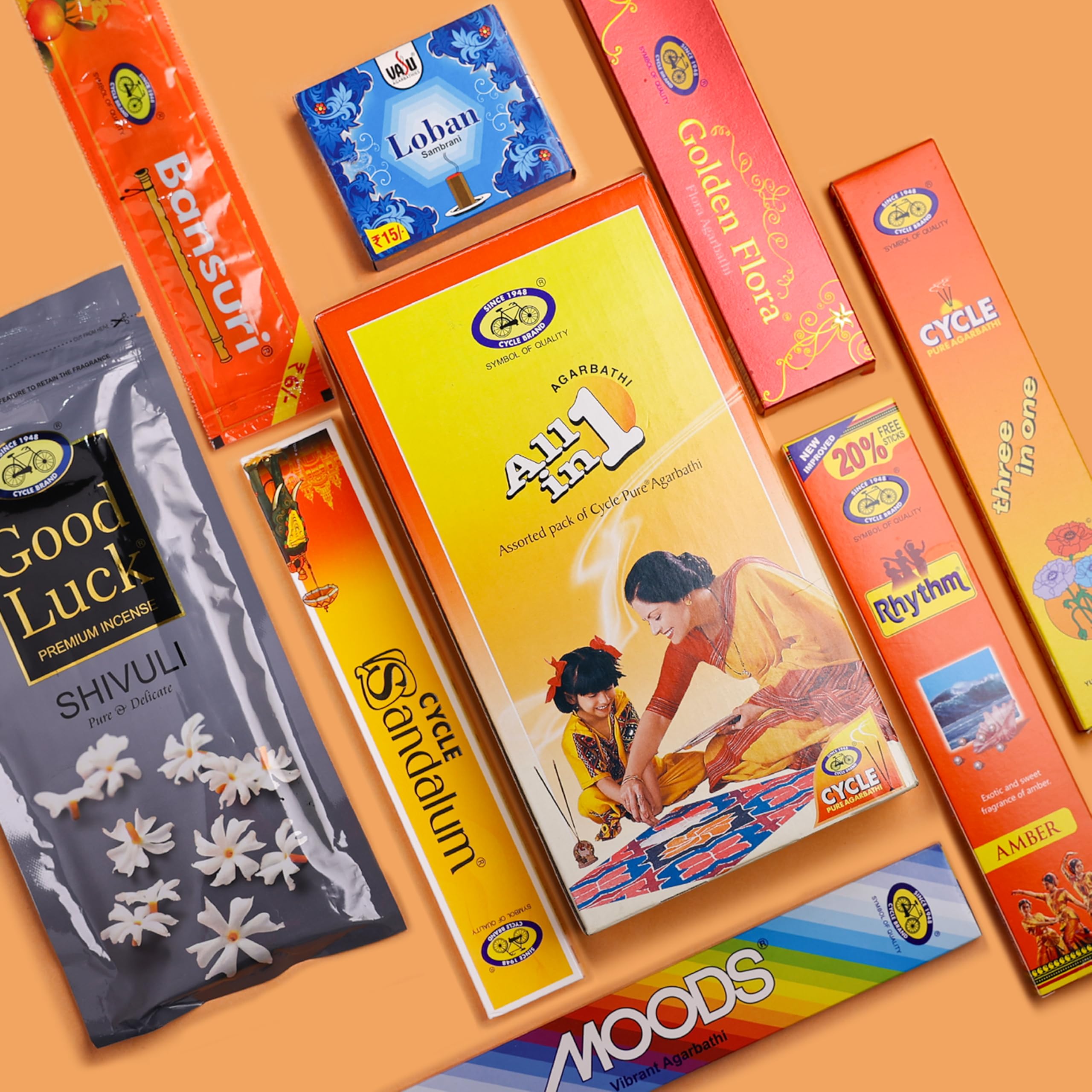 Cycle Pure All in One Assorted Incense Sticks 8 Assorted Agarbathi Packets/Floral, Woody, Masala, Fruity, Natural Fragrance| Pack of 1 (173 Nos per/Pack)