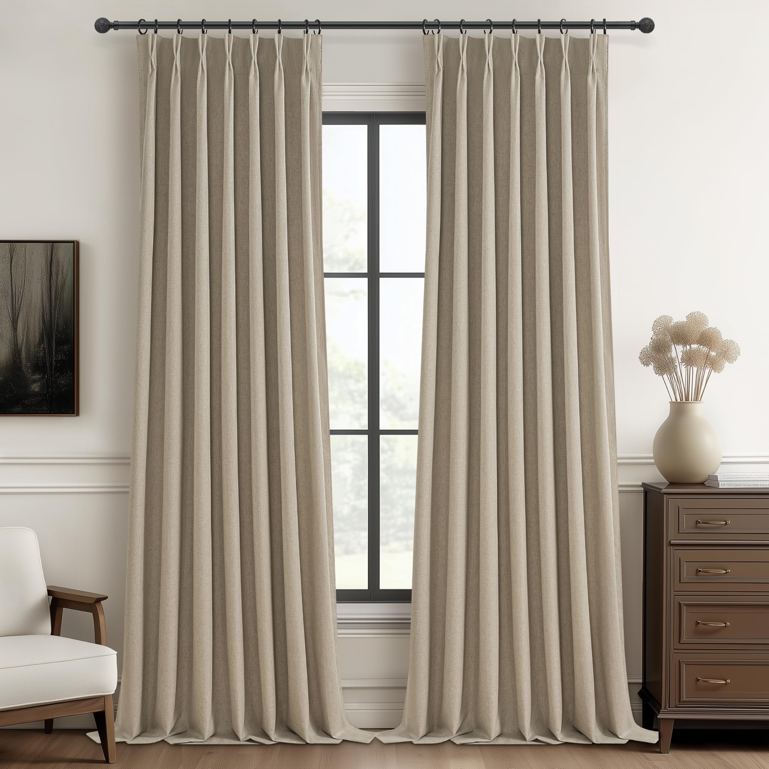 Extra Long Custom 100 Inch Viral Curtains with Pinch Pleat Clips,100% Blackout Curtain for Bedroom Weather Thermal Insulated Noise Cancelling Back Tab GreyBeige Boho Drapes 2 Panel Set(W40"xL100") — image 1