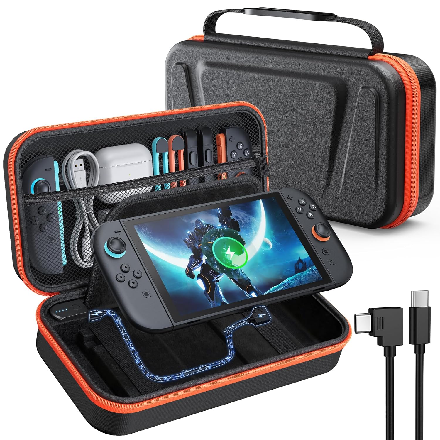 Stand Charging Case for Swicth 2 2025 Build-in 10000 mAh Recharge Battery& Game Card Holders, Protective Hard Shell Handheld Travel Carrying Bag Battery Storage Case