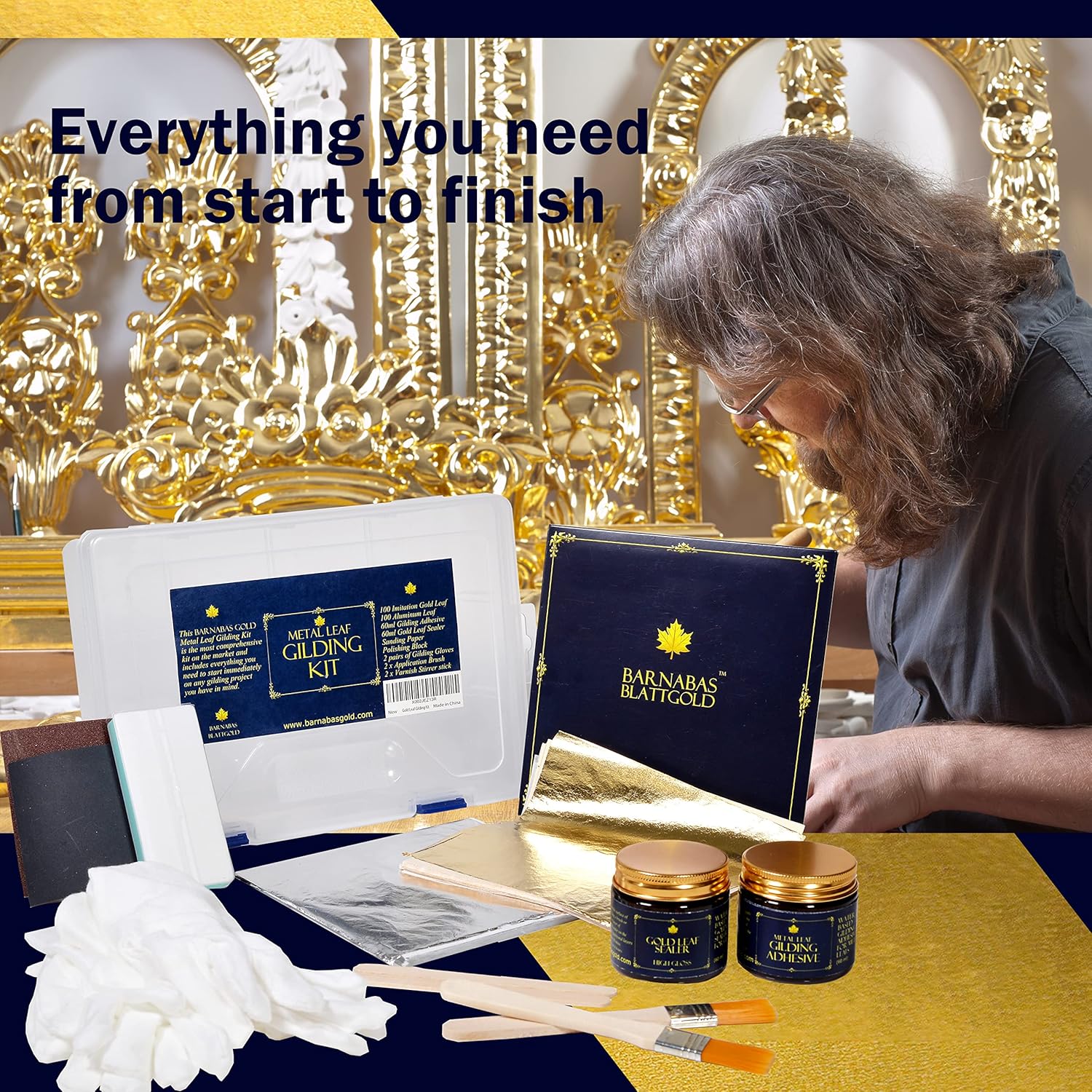Barnabas Blattgold Gold Leaf Kit - 100 Imitation Silver and Gold Foil Sheets, 60ml Gilding Adhesive and Leaf Sealer, 2 Brushes, 2 Gloves, and Sanding Tools - Gilding Kit for Arts and Crafts Projects