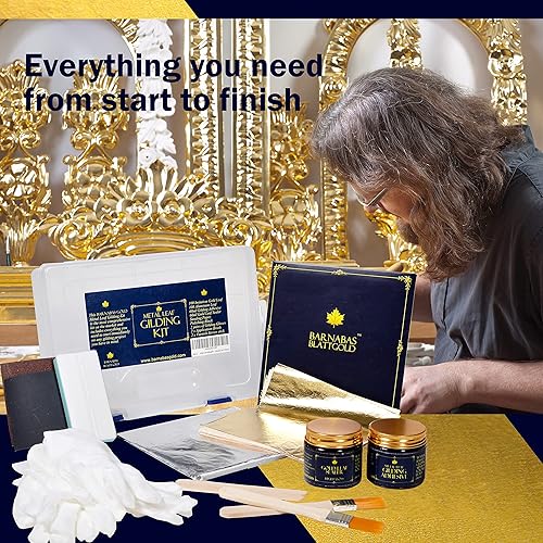 Miniatura 7 de Barnabas - Kit de dorado – 100 hojas de imitación de hoja de oro y hoja de plata, adhesivo dorado de 2.0 fl oz, sellador brillante 2.0 fl oz, 2