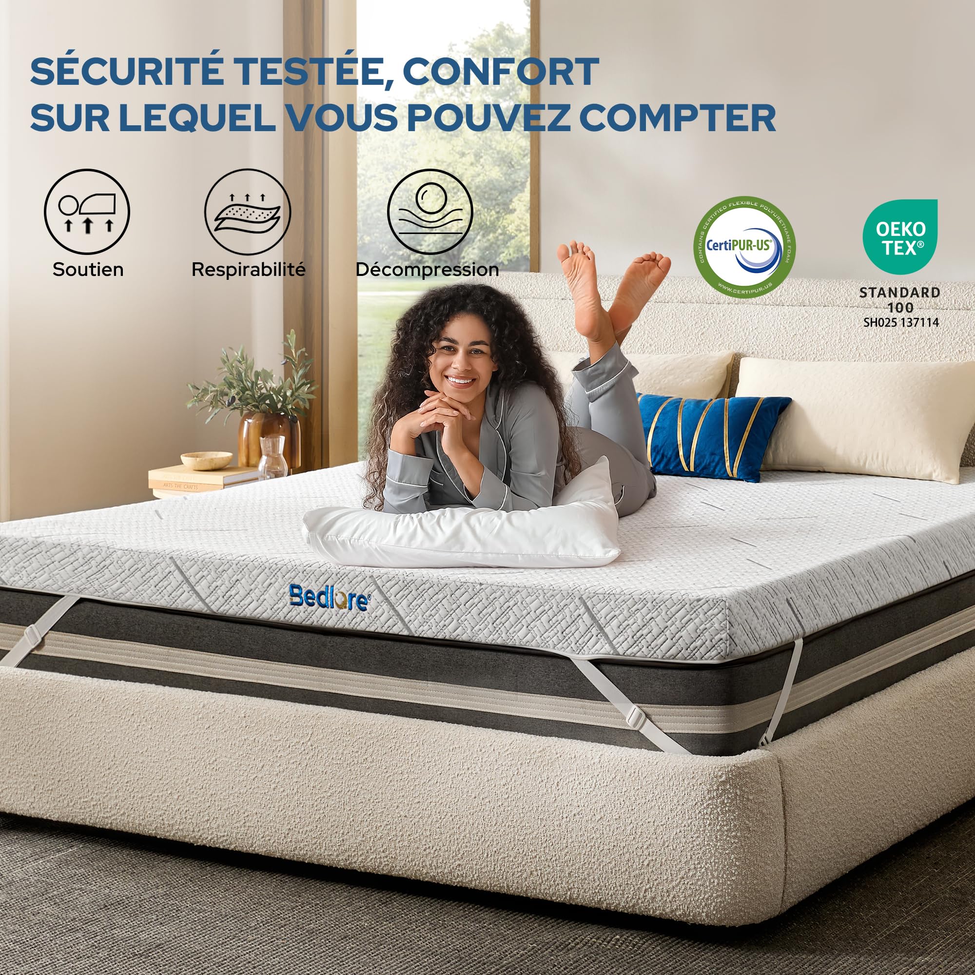 BEDLORE Surmatelas 140x190 cm Memoire de Forme H3, Housse de Matelas Amovible et Lavable, Épaisseur 7,6 cm, sur-Matelas avec Design Antidérapant Amovible et Lavable (Blanc)