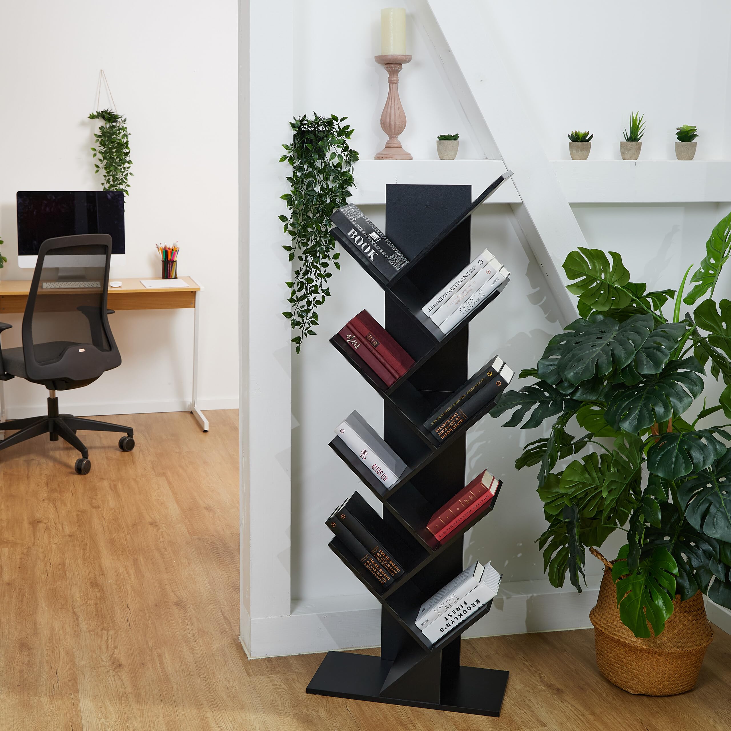 Relaxdays Scaffale Libreria, Mobile Stretto da Terra con 9 Ripiani ad Albero per Libri, CD, HLP: 146x38x22 cm, Nero