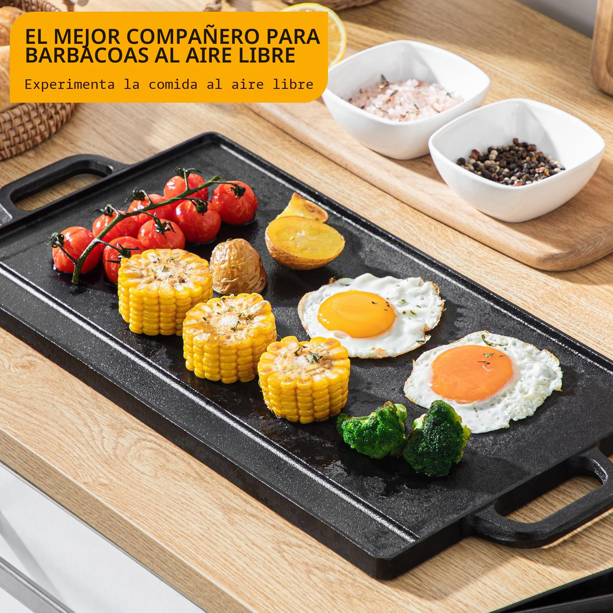 Velaze Placa de hierro fundido con asas, parrilla de hierro fundido de doble cara, de para barbacoa de gas y parrilla eléctrica, sartén para barbacoa, camping, jardín – 42 x 23 cm