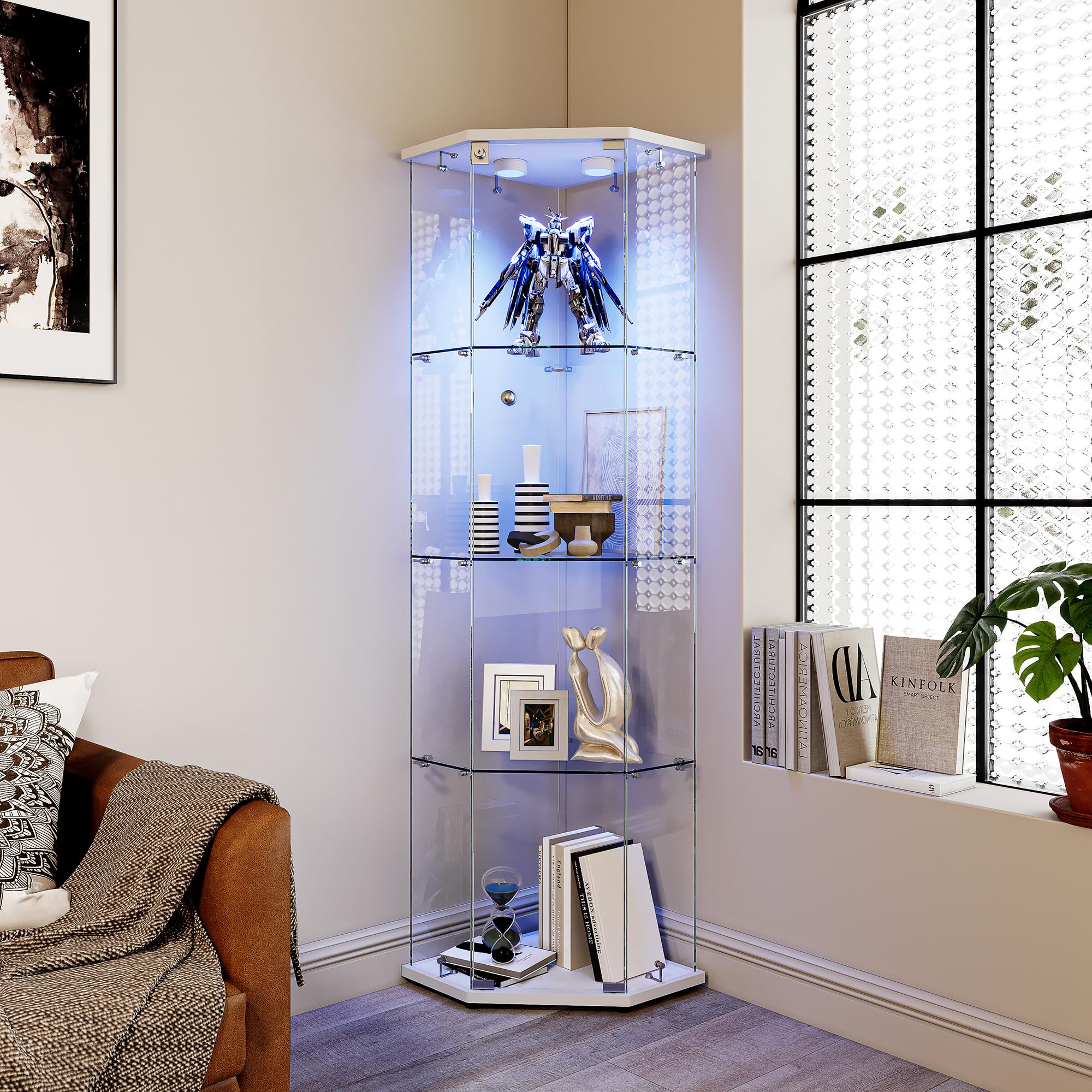 Vitrina de Esquina con Cristal, Vitrina de Cristal con LED, 1 Puertas, Vitrinas Blancas Cristal4 Capas Estanteria deCristal con Cerradura Columna Expositora VidrioVitrina Expositora Para Salon