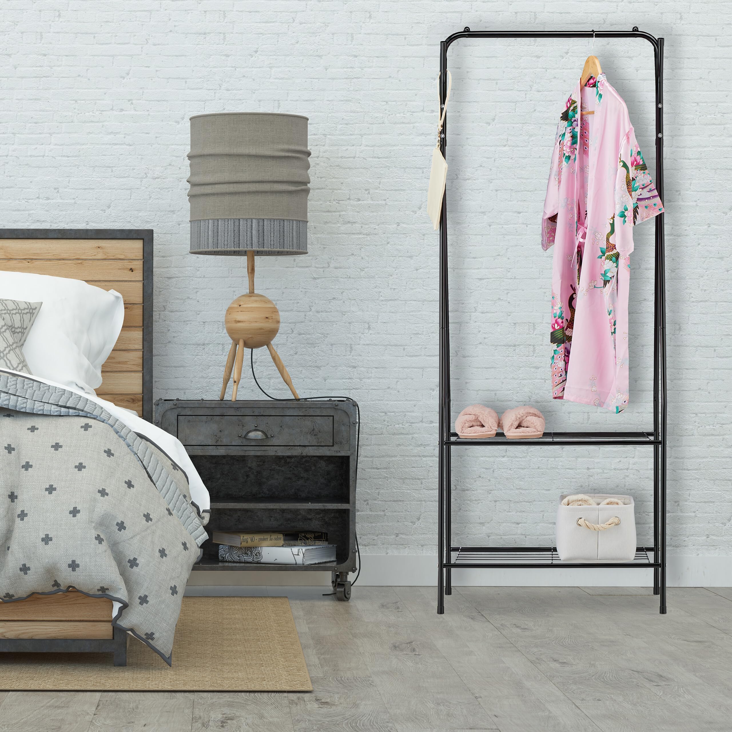 Relaxdays Stand Appendiabiti Salvaspazio, 2 Ripiani e 6 Ganci, Camera da Letto e Corridoio, HLP 158 x 60 x 33 cm, Nero