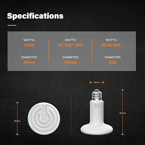 Miniatura 5 de YSSOA Emisor de calor de cerámica de 150 W, bombillas de calor para reptiles, lámpara de calor de cerámica para reptiles, anfibios, pollo, perro,