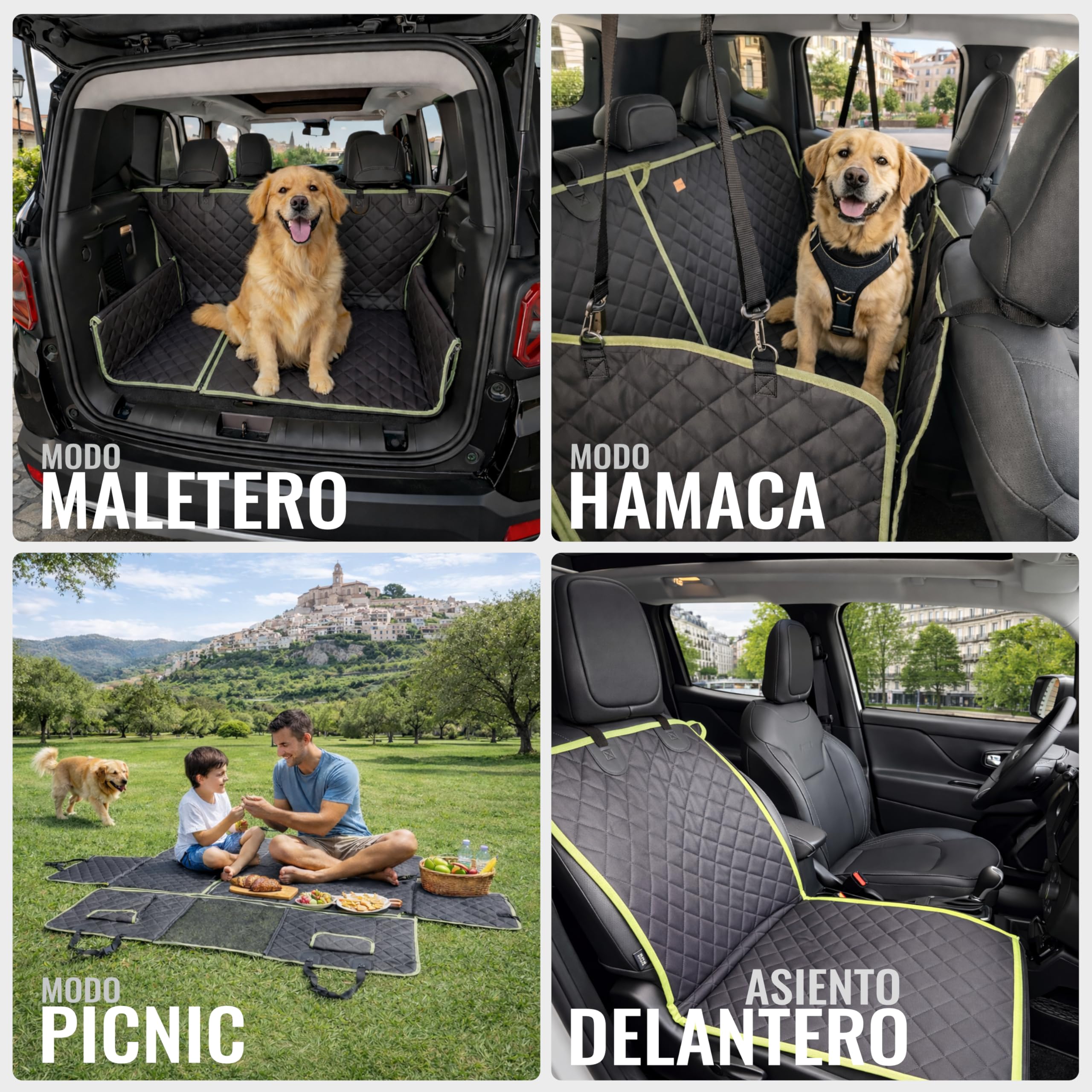 Funda Perro Coche Asientos Traseros 6-En-1 | Fundas para Coches Asientos Impermeables 600D con Ventana De Malla Y Laterales Elevados | Protector Asiento Coche Perro Trasero Negro/Verde