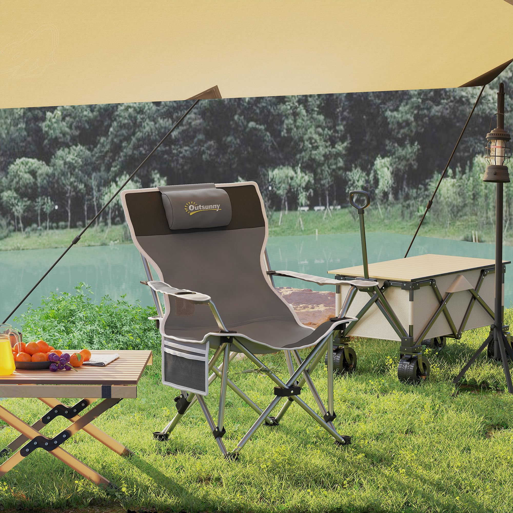 Outsunny Sedia da Campeggio Pieghevole con Poggiapiedi Staccabile, Portabicchieri e Tasca Laterale, Sedia da Giardino in Tessuto Oxford e Metallo, Portata Fino a 120 kg, 82x100x88 cm, Grigio