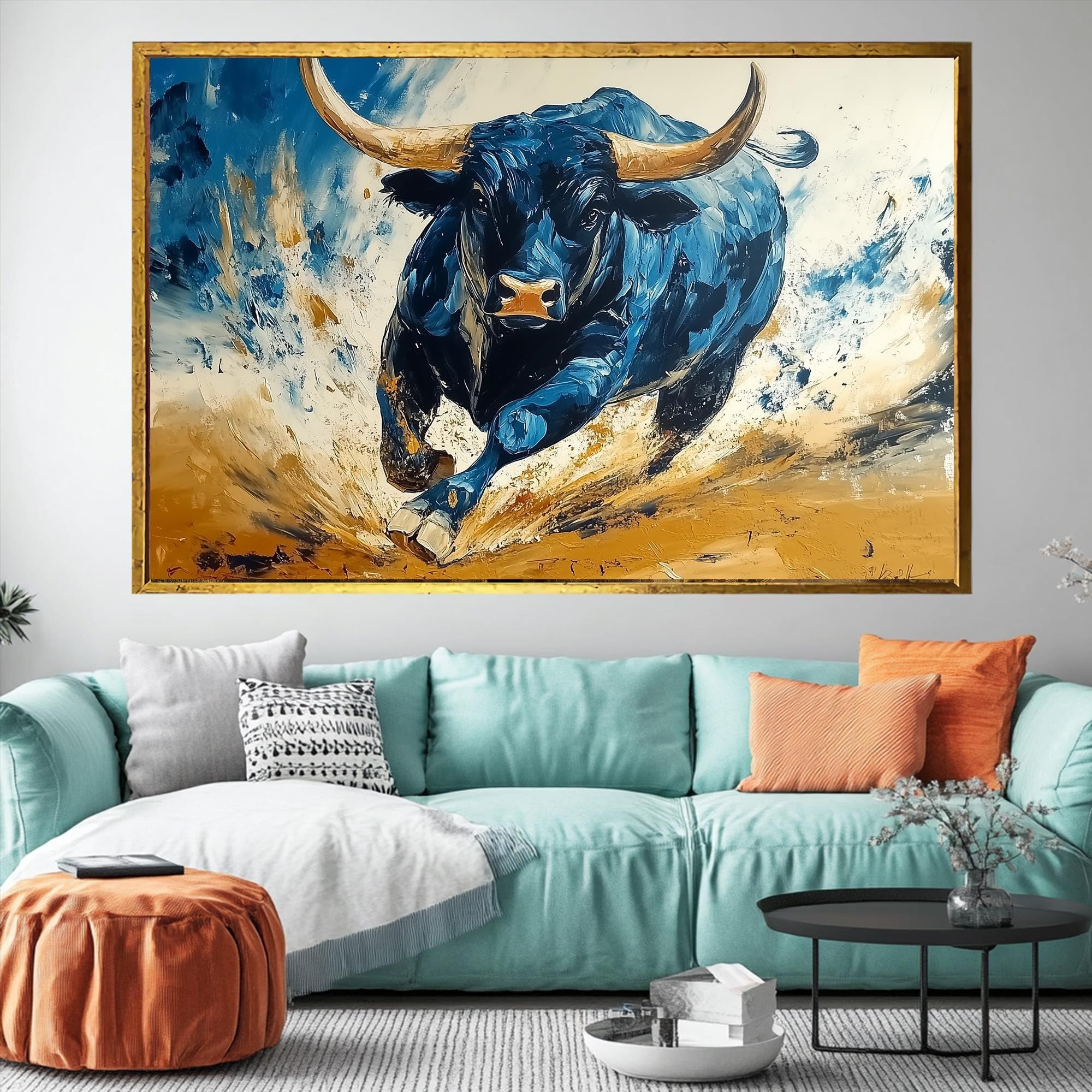 Tongyinli Frameless Angry Bull Canvas Print, Golden Horns Oil Painting, Abstract Animals Wall Art For Living Room, Home Decor Mural(60X80cm/Frameless)