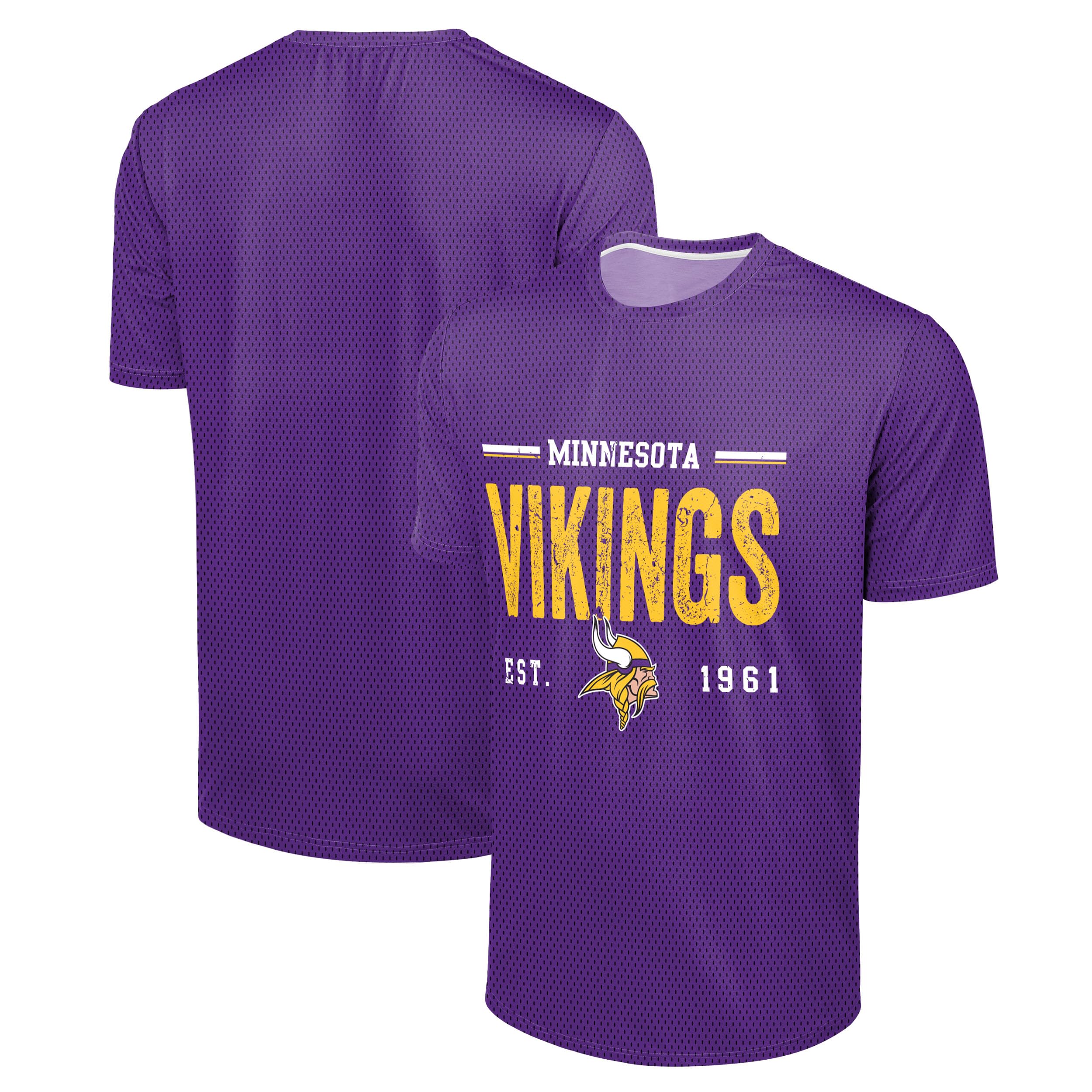 FOCO NFL Men's Officially Licensed Football Team Logo Wordmark Distressed Performance Team Color Crewneck T-Shirt, Minnesota Vikings - Purple, Medium
