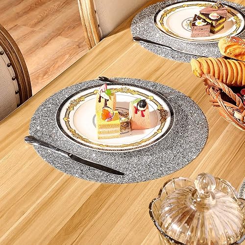 Miniatura 7 de Mantel individual redondo con diamantes de imitación de 15 pulgadas mantel individual brillante decorativo para cocina banquetes de boda plata 8