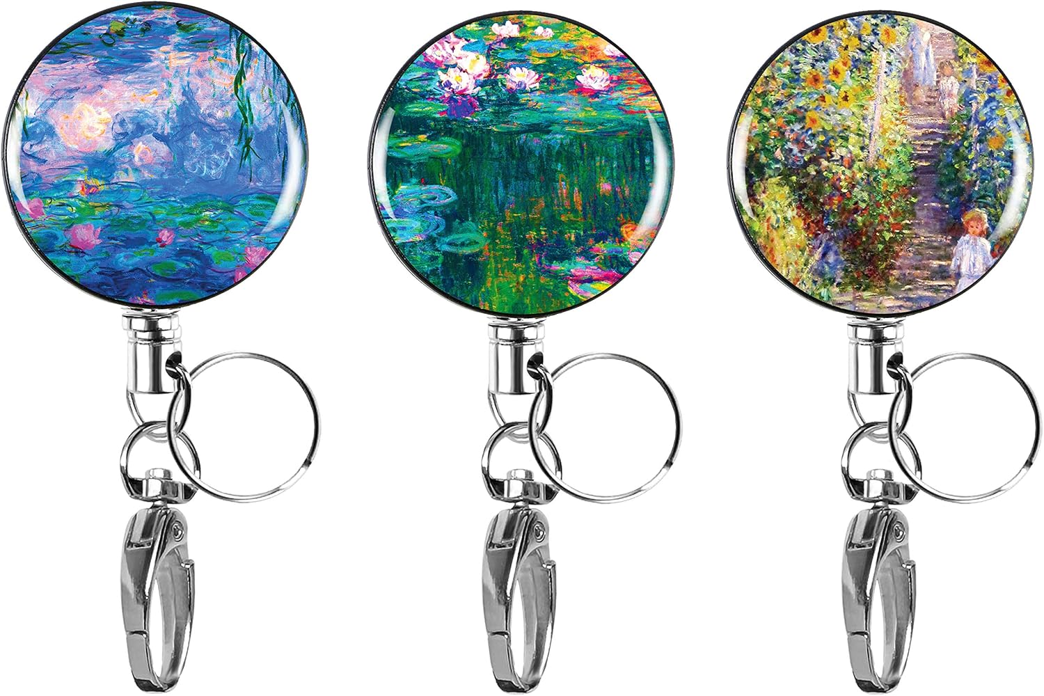 3-PK Decorative Retractable Badge Reel with Waterproof ID Holders & Key Rings. Steel Wire, Belt Clip & Metal Badge Clip. Great for Lanyards, Nurses, Teachers, Men & Women. Claude Monet Collection