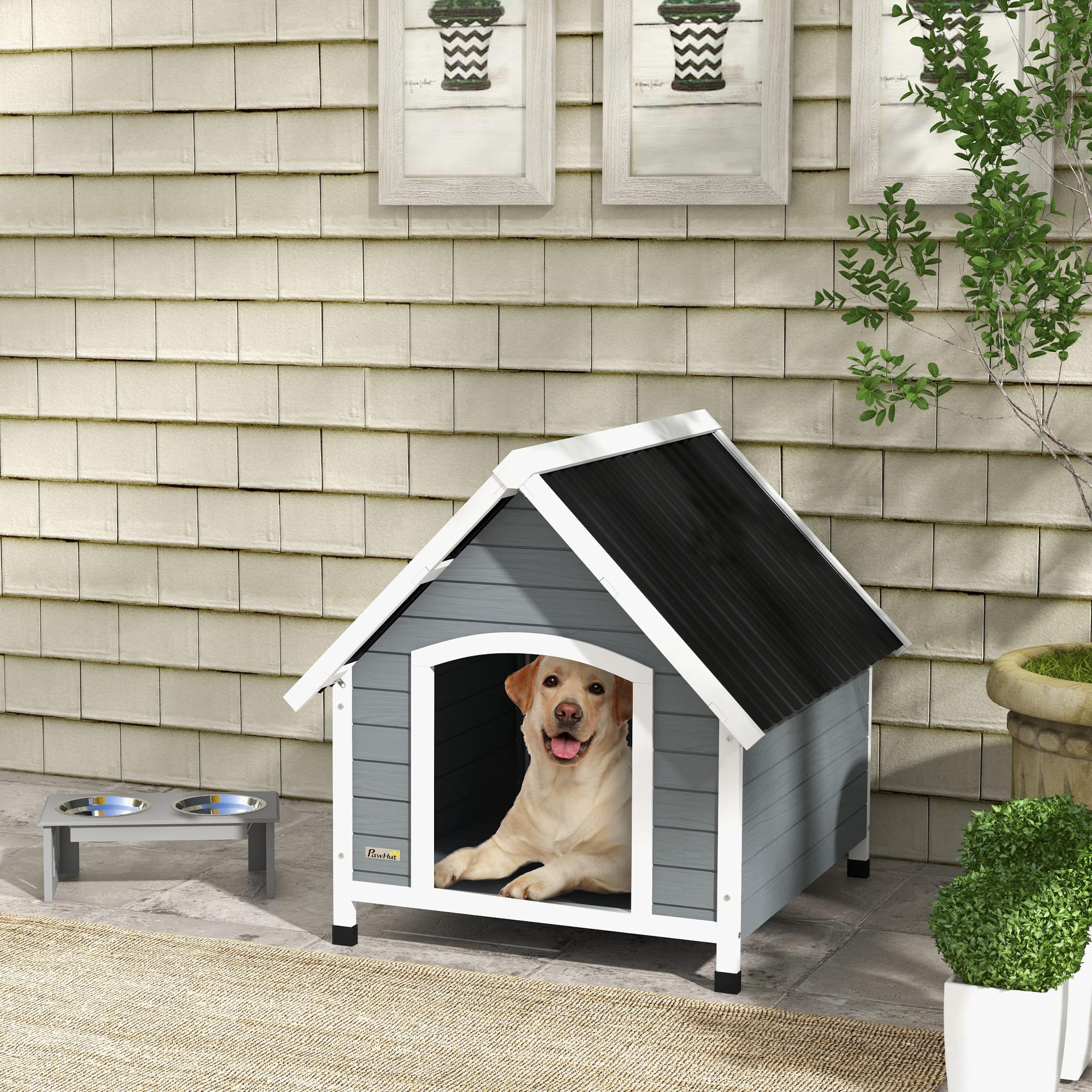 PawHut Niche pour Chien extérieure en Bois, Maison Chien avec Plancher Amovible, Pieds réglables, 84 x 99 x 87 cm, Gris