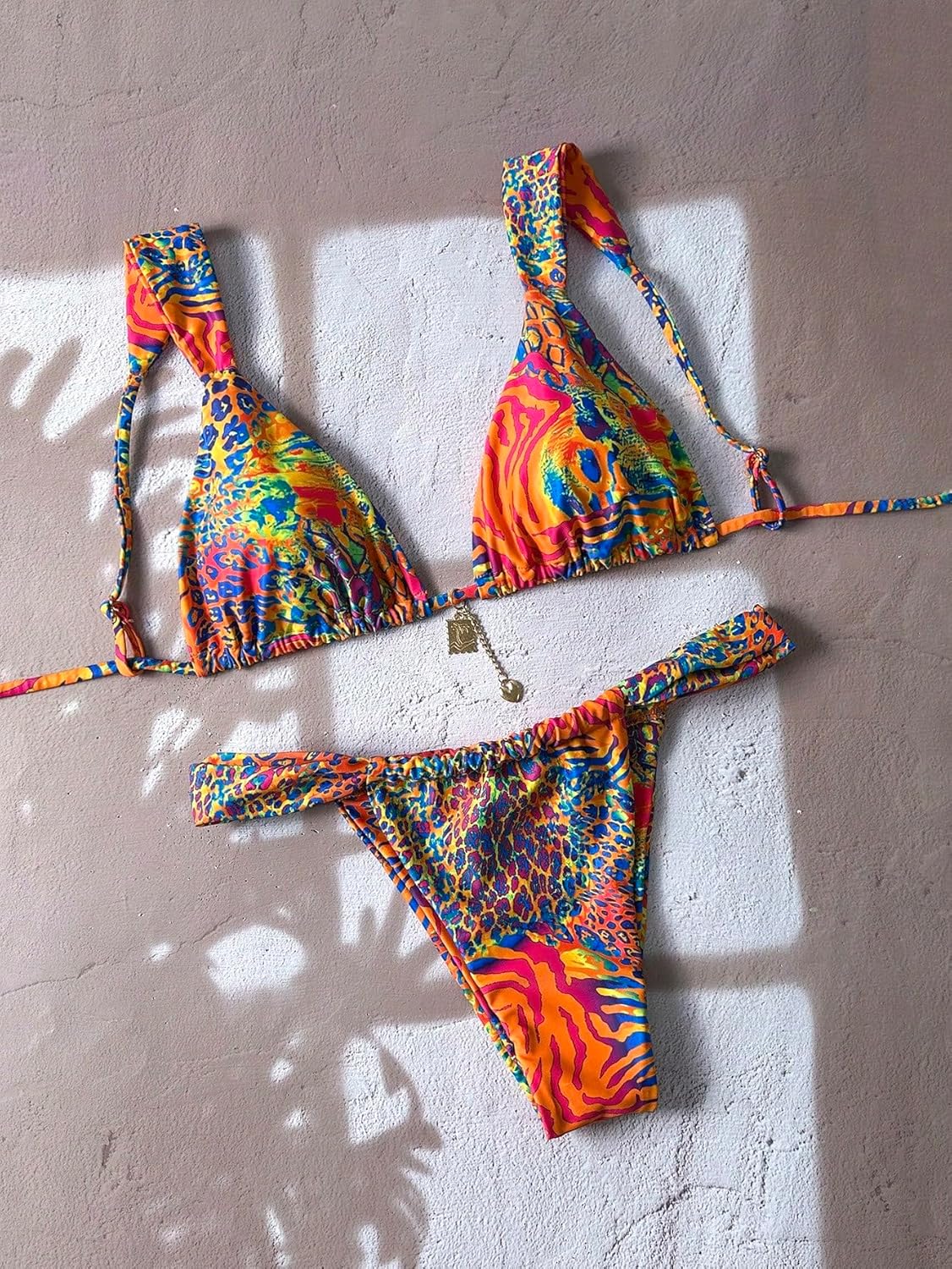 MakeMeChic Women's Tropical Boho Triangle Thong Bikini Sets Zebra Cheetah Bathing Suit Swimsuits