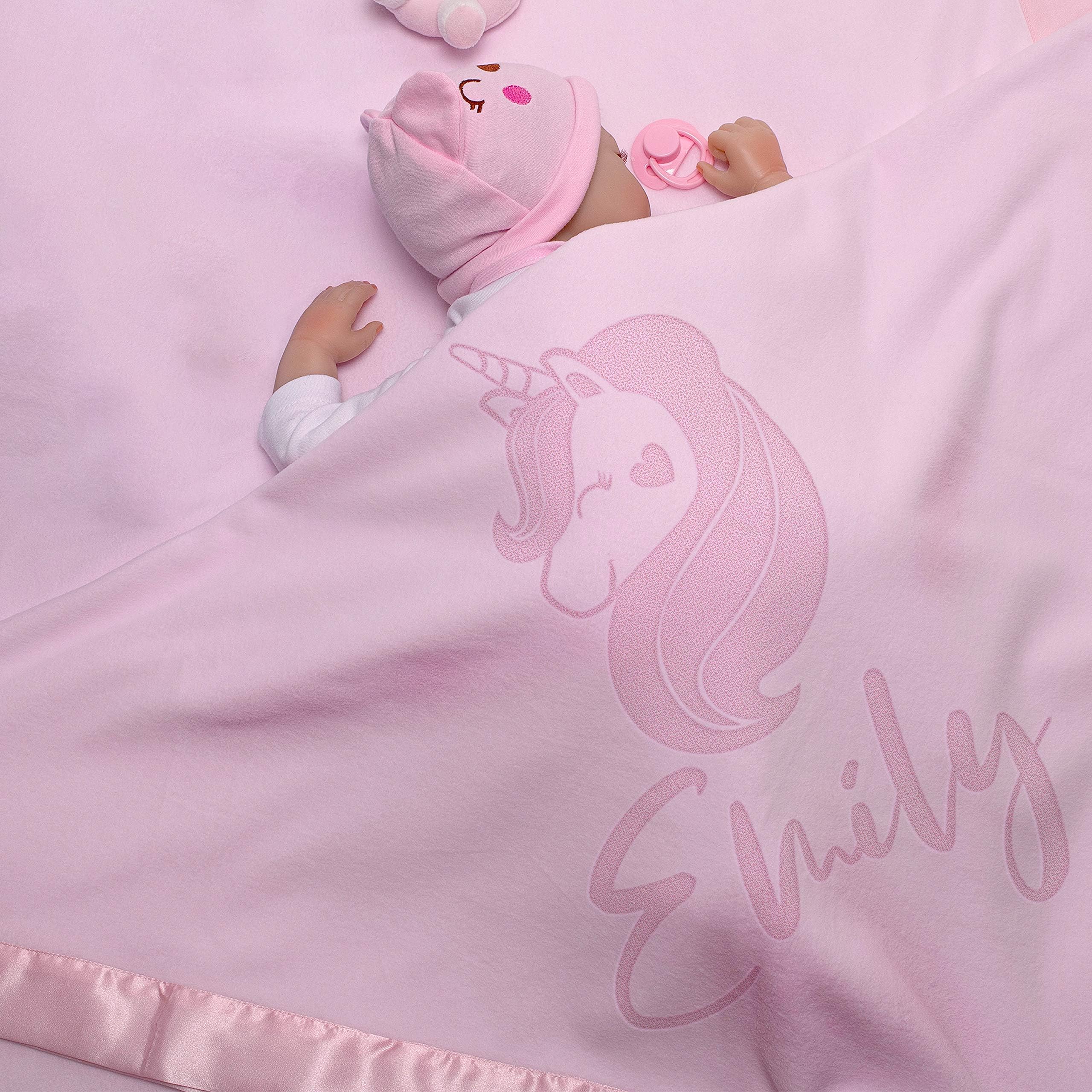 Be Burgundy Personalized Baby Blankets w/Name - Large Baby Receiving Blanket - 36x36 in | Satin Trim, Fleece | Pink - Baby Girl Gifts, Baby Stuff, Welcome Baby Gifts for Newborns | Unicorn