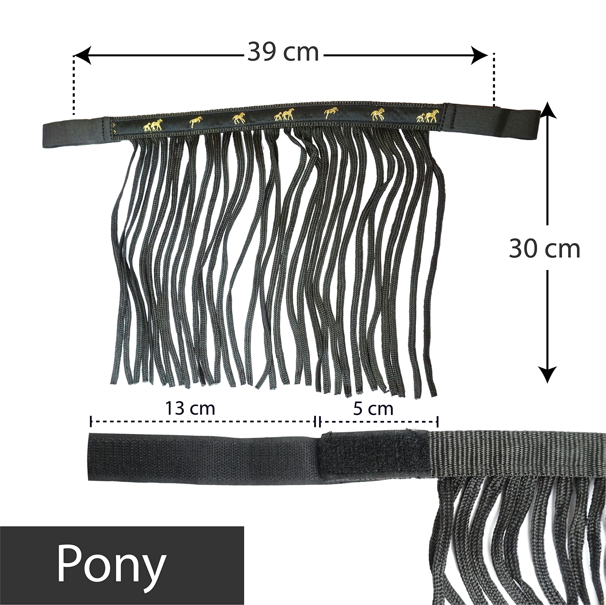 Masque anti-mouches cheval avec franges et fermeture pour poney, cob, sang chaud, noir