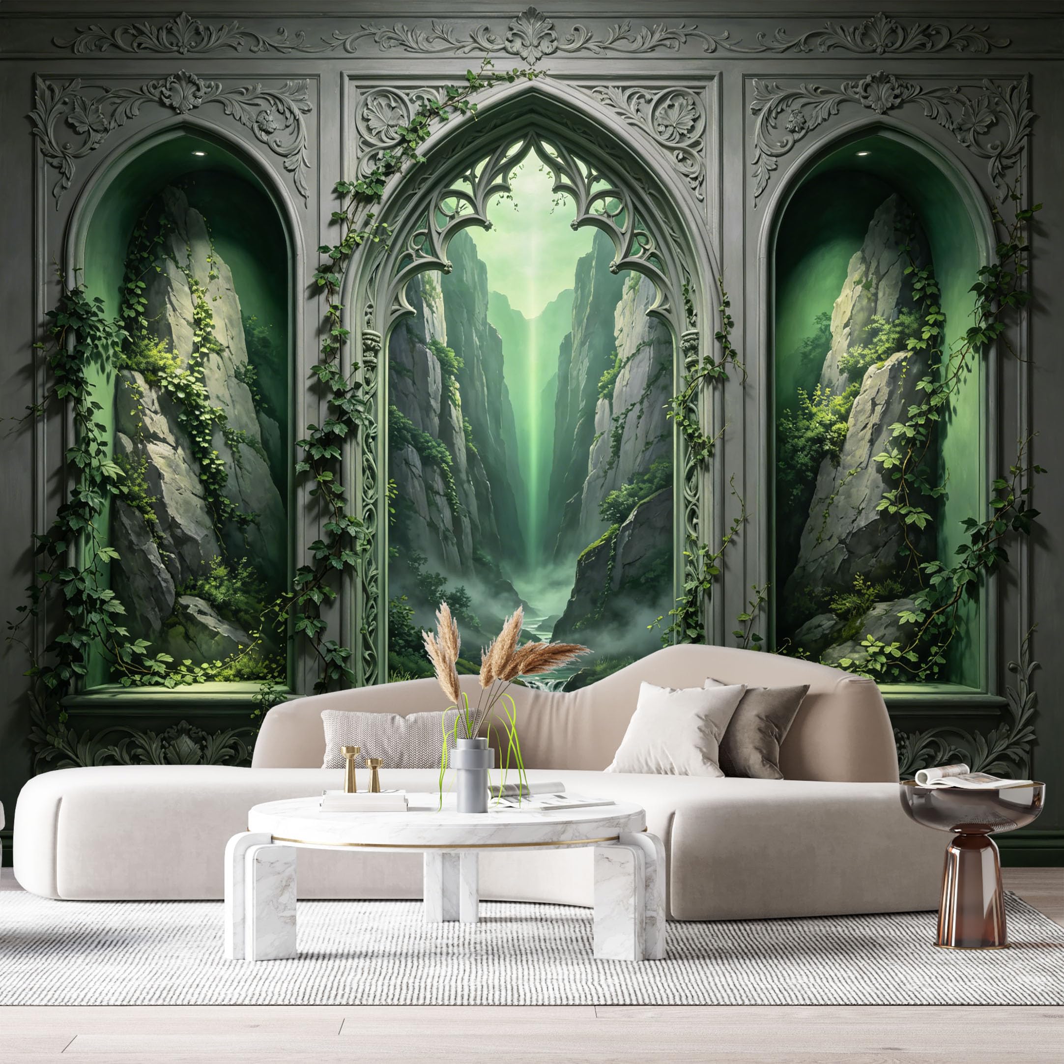 Custom Size Wall Murals Gothic Archway Mystical Green Canyon 3D Trompe L'Oeil SelfAdhesiveWall Fabric Removable Wallpaper Wall Decor for Living Room Bedroom Bathroom