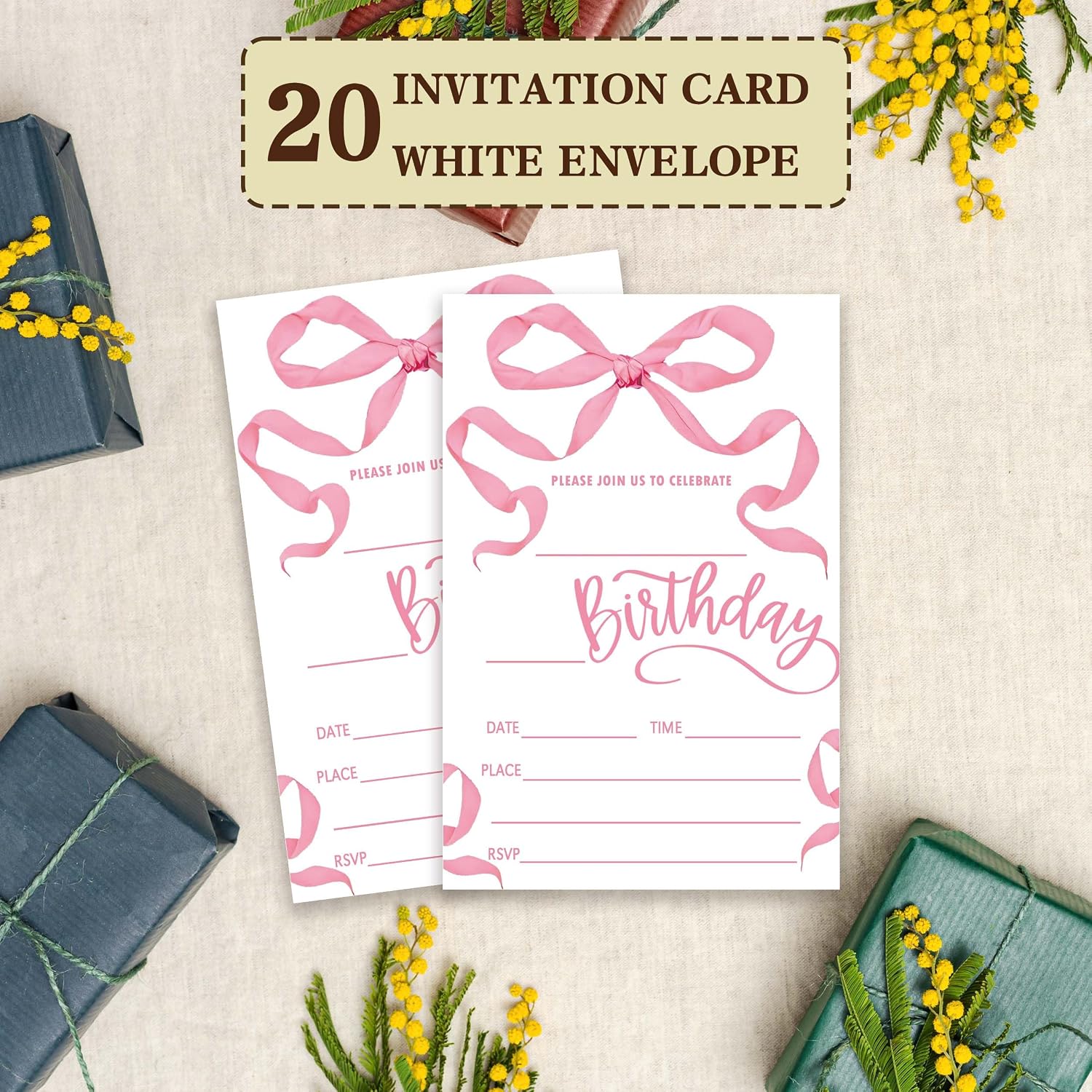 Pink Bow Birthday Invitation, Girls Party Invite, Retro Bday Invitation Cards, 20 Pink Double-Sided Fill In Invite Cards with Envelopes, Birthday Party Decorations 4x6 Inch-B18