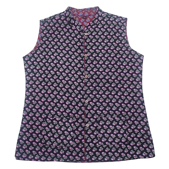 Women's Cherry Printed Cotton Quilted Reversible Sleeveless Jacket