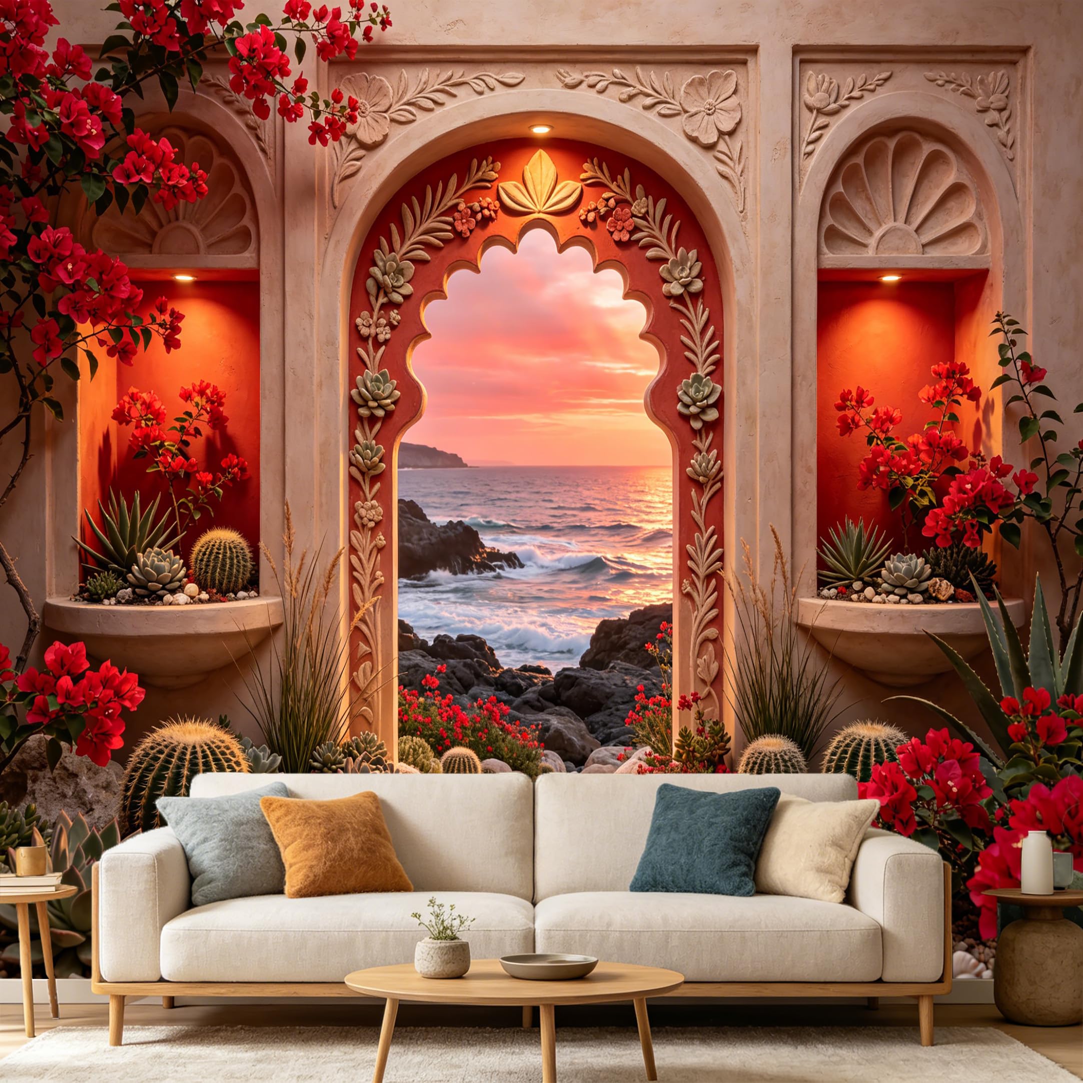 Custom Size Wall Mural Mediterranean Sunset Ocean View Archway， SelfAdhesive Art Prints wall Fabric Removable Large Wallpaper Home Living Room Decor 3D Coastal Botanical