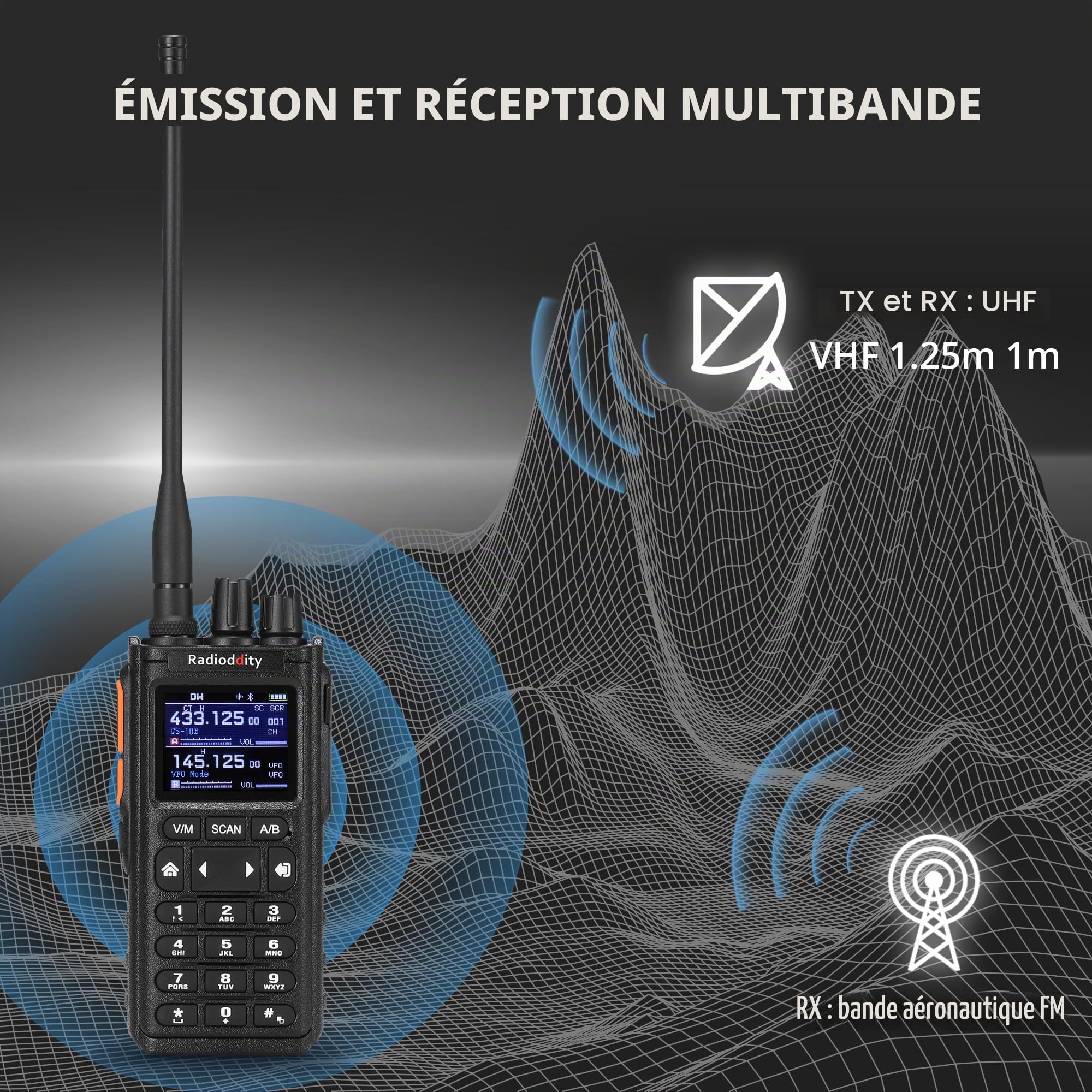 Radioddity GS-10B Radio 8W, Radio Bidirectionnelle Longue Portée avec Programmation APP sans Fil, UHF/VHF/FM Aviation, Double PTT, Batterie 2500mAh & USB-C, Réduction du Bruit, Synchro des Canaux