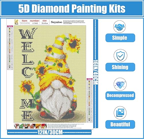 Miniatura 3 de Kits de pintura de diamantes 5D para adultos, kits de arte de diamantes de gnomo para adultos, niños principiantes, pinturas redondas de girasoles